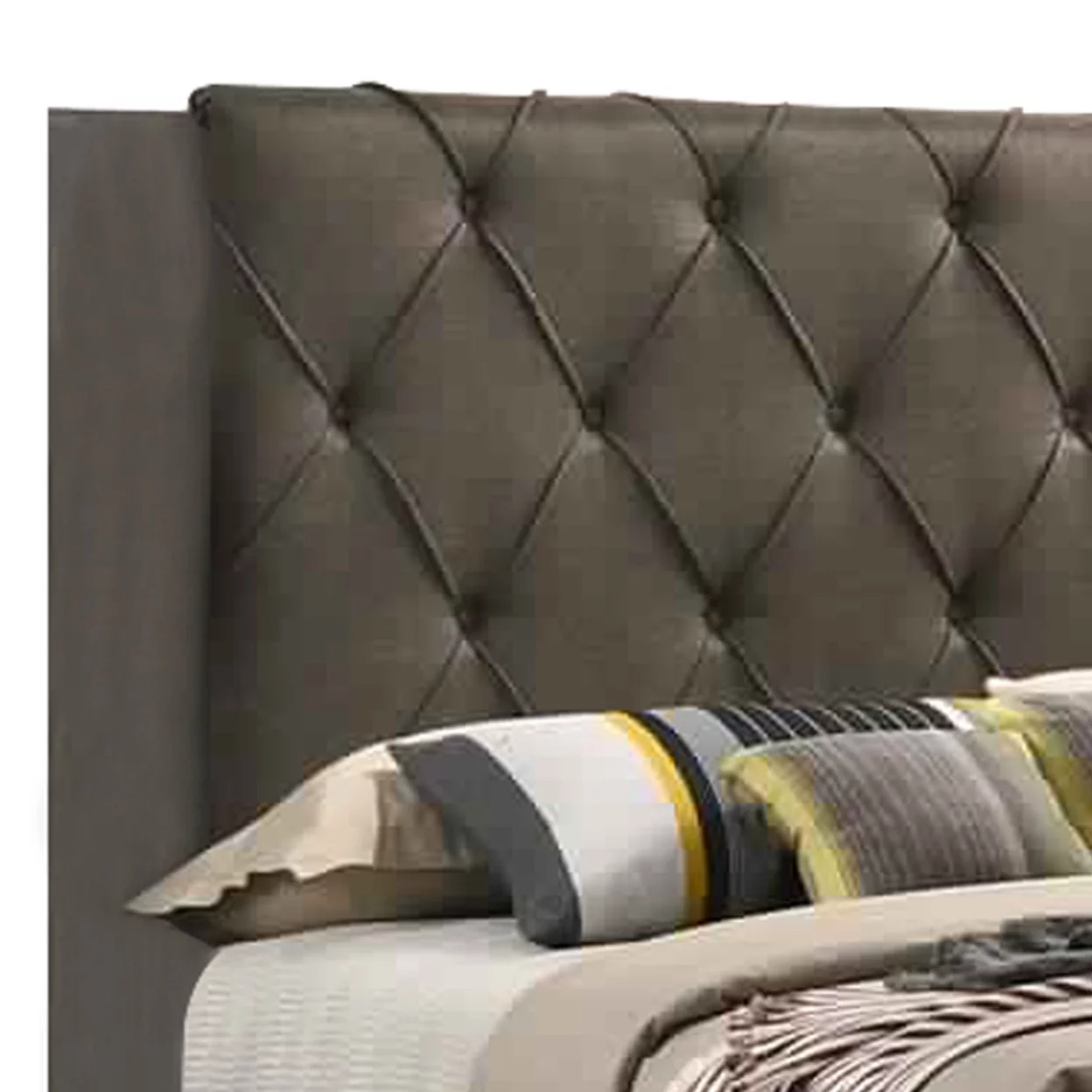 Wooden Queen Bed with Button Tufted Fabric Headboard Gray and Brown- Saltoro Sherpi