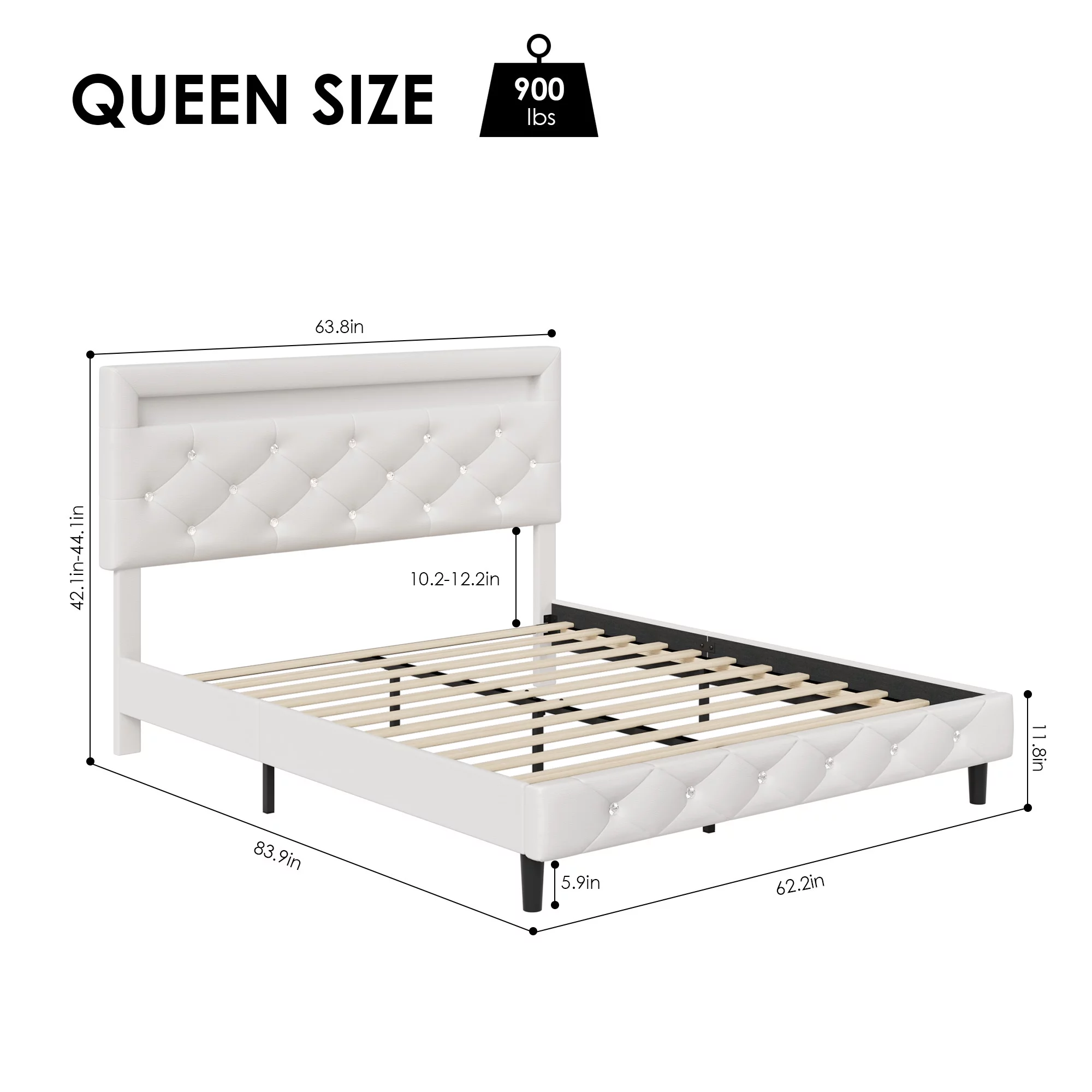 Homfa Queen Size LED Bed, PU Crystal Buckle Upholstered Platform Bed Frame with Adjustable Headboard, White