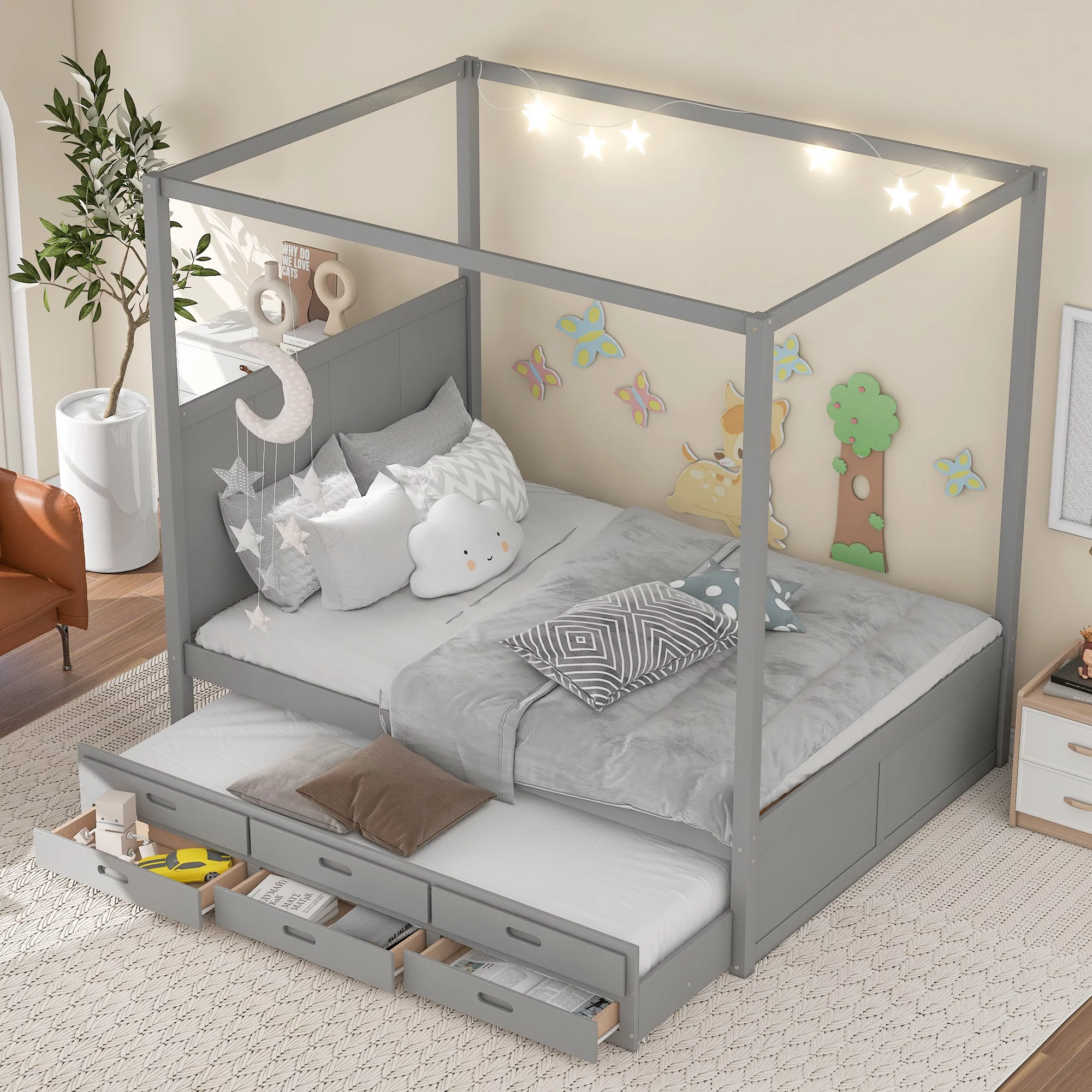 Wooden Tent Canopy Bed with Solid Construction for Toddlers, Queen Size Canopy Daybed with Twin Size Trundle and Three Storage Drawers, Wood Floor Bed Frame(Gray)