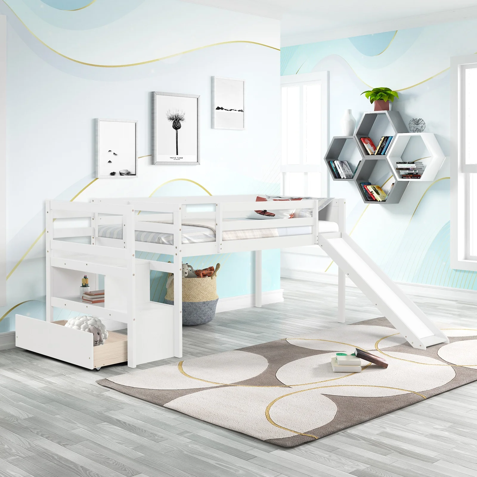Bed Daybed, Twin Size Low Loft Bed Frame with Stairs and Slide, Twin Daybed for Kids, No Box Spring Needed