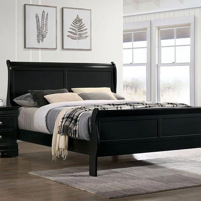 Transitional Black Solid Wood Full Bedroom Set 5pcs FOA CM7966BK Louis Philippe