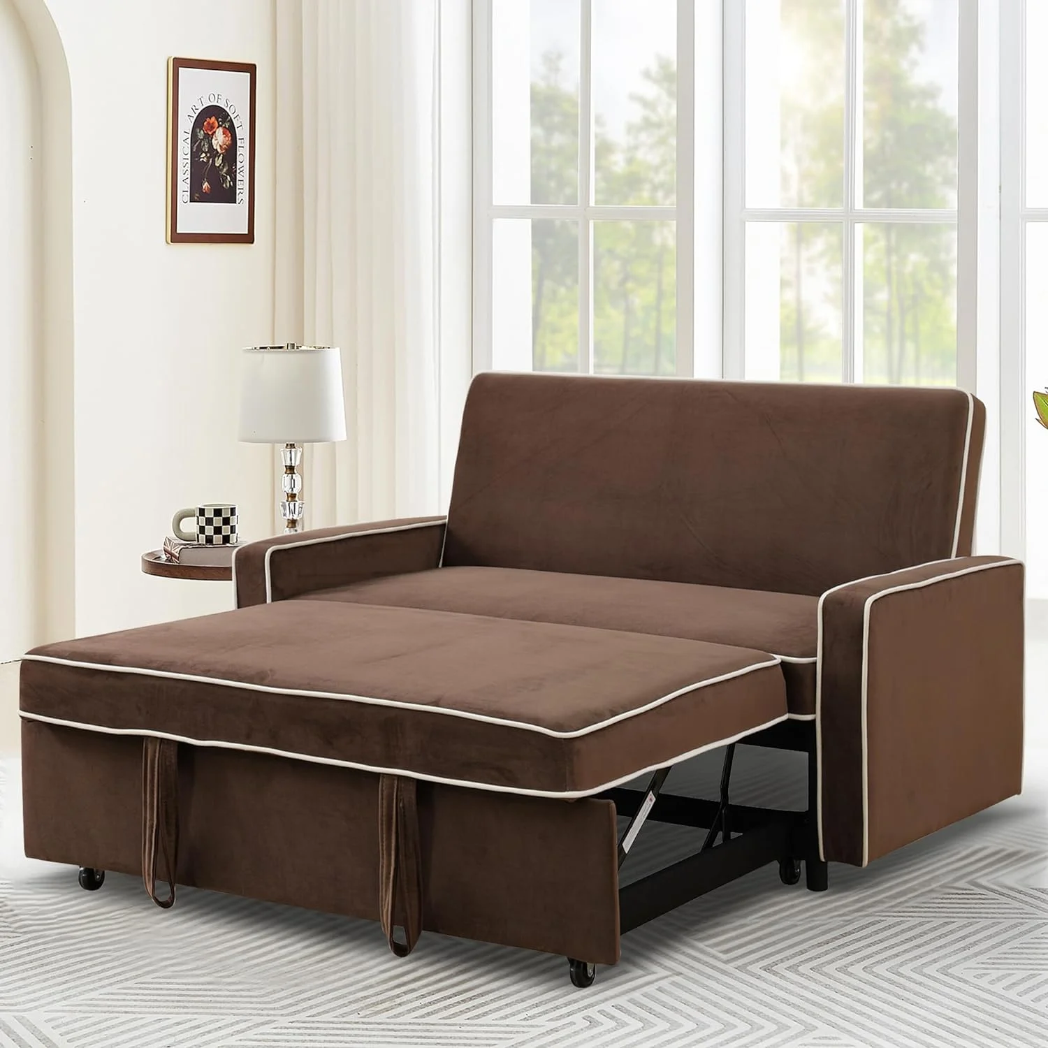 ZeChuan 3 in 1 Convertible Sleeper Sofa Bed, Pull Out Sleeper Couch Bed Love Seat Lounge Sofa with Adjustable Backrest, Loveseat for Living Room Bedroom, Furniture for Living Room (Brown)