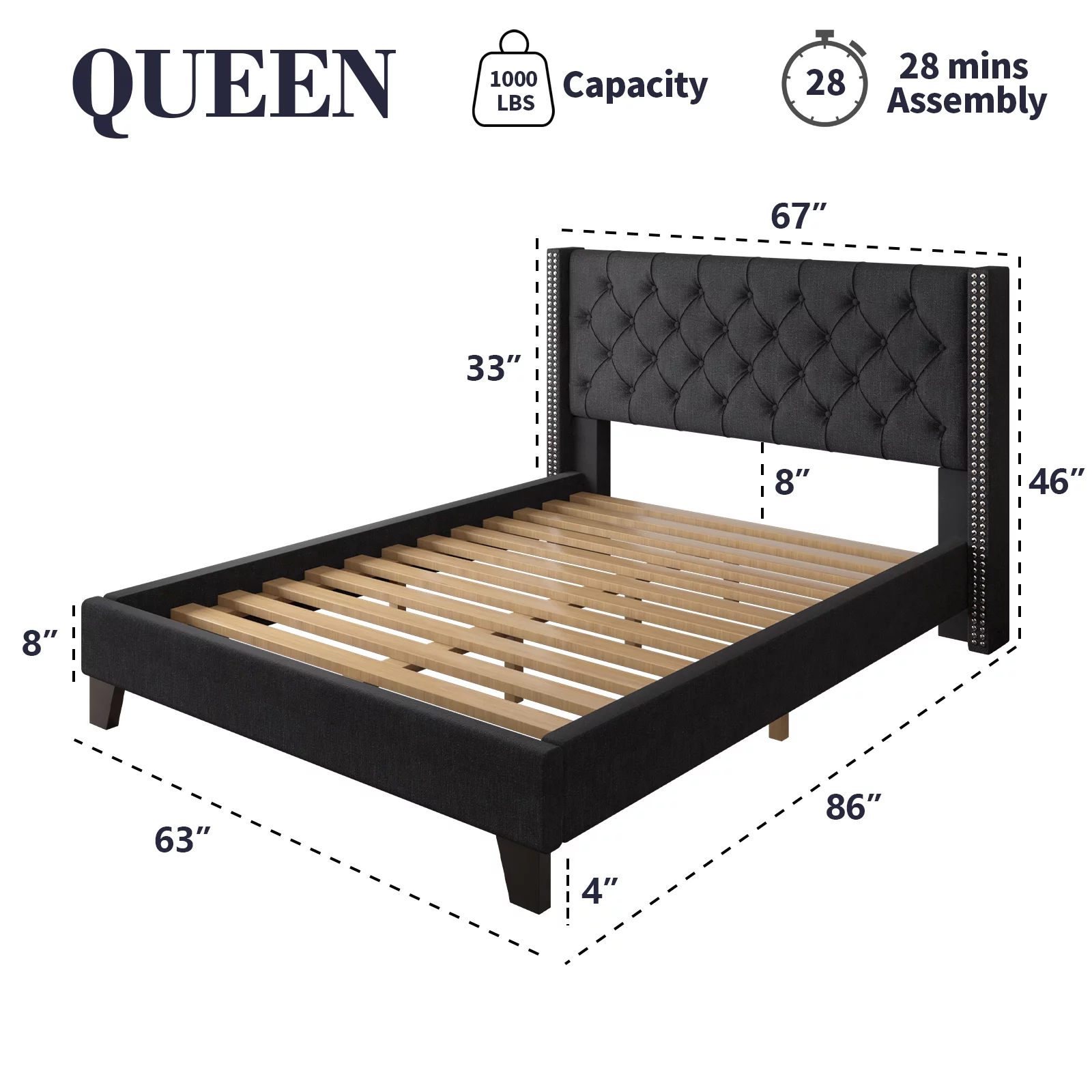 Nathaniel Home, Queen Bed Frames Upgrade, Linen Upholstered Platform Bed, Diamond Beds Frame for Bedroom, with Fabric Button Tufted Headboard, Black