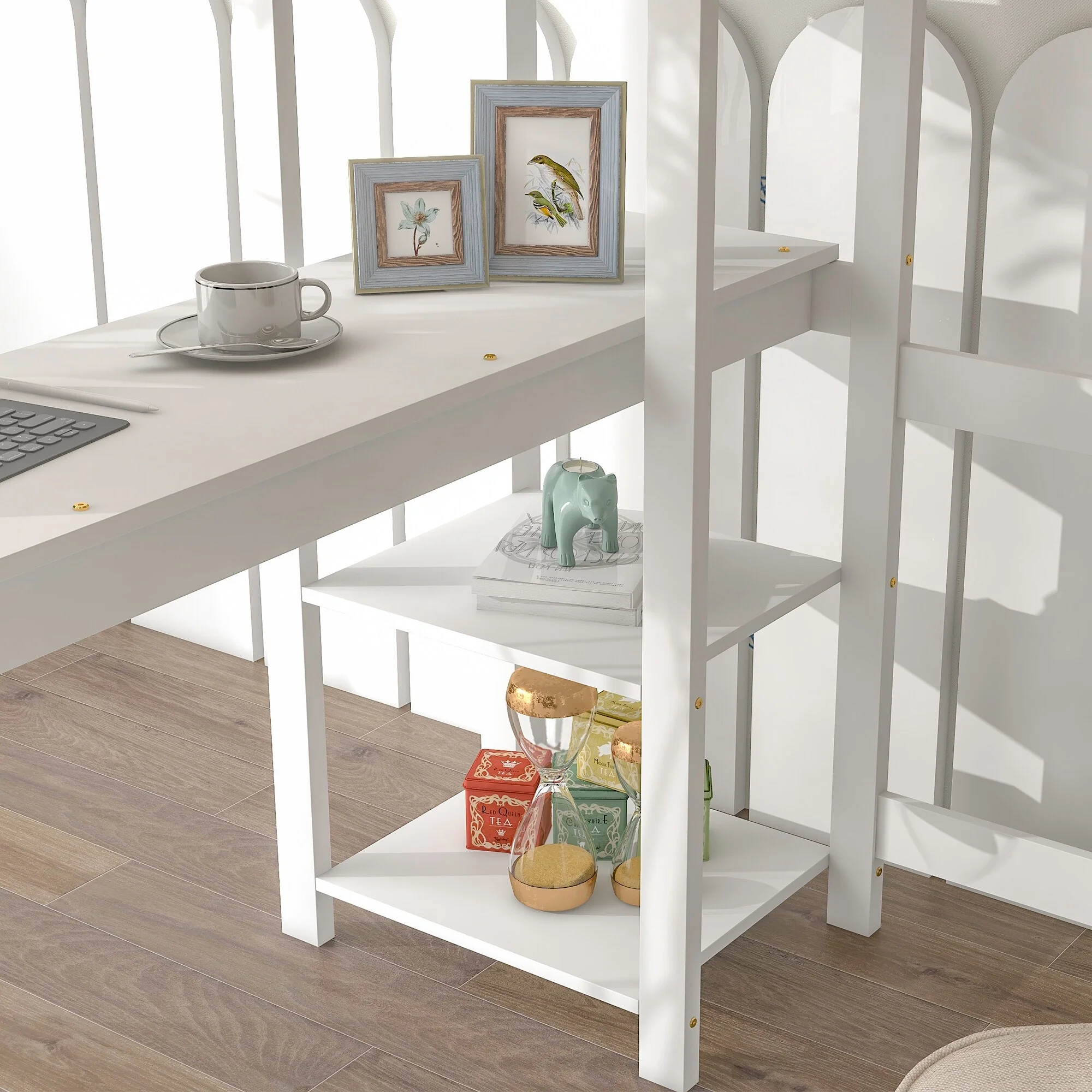 Multi-Functional Full Loft Bed Pine Wood Loft Bed with Desk and Shelves, Ideal for Homework, Play, and Privacy White