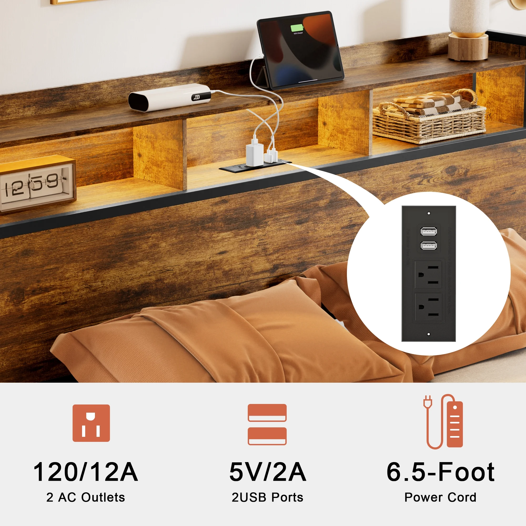 GUNAITO Full Bed Frame with 2 Drawers Headboard Platform LED Bed Frame with 2 Storage Drawers USB Ports & Outlets Rustic Brown