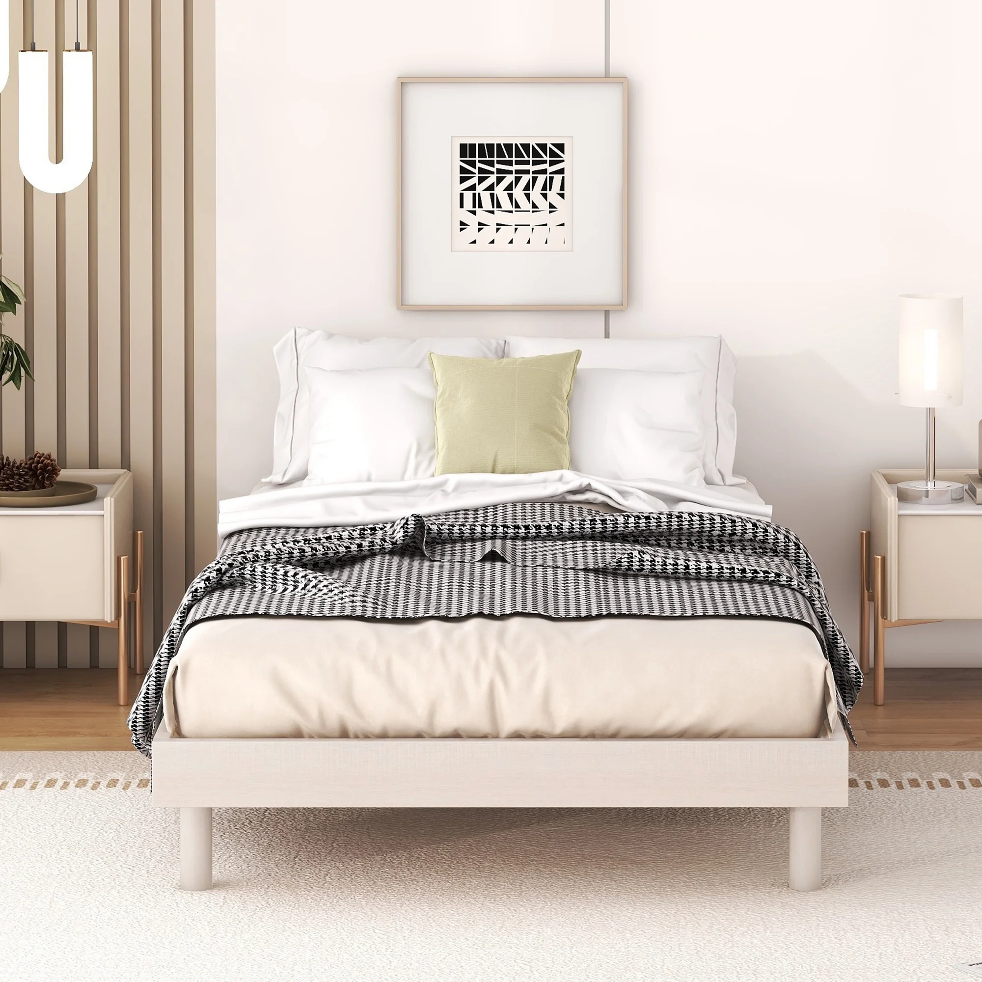 Modern Design Twin Size Wood Bedroom Furniture for Boys and Girls, Floating Platform Bed Frame for Kids Teens Adult, White Washed Color