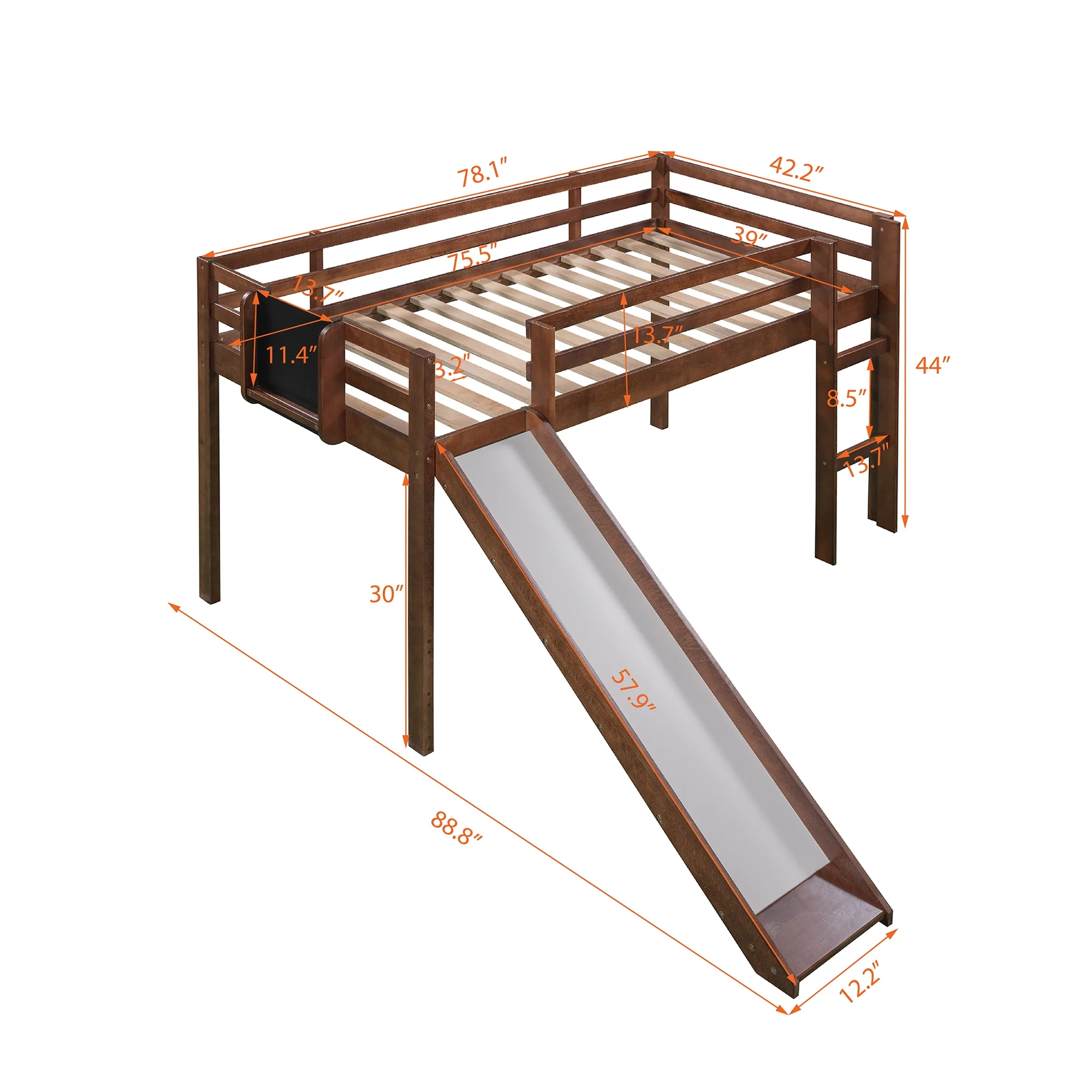 Walnut Twin Size Wood Loft Bed with Slide, Stair and Chalkboard