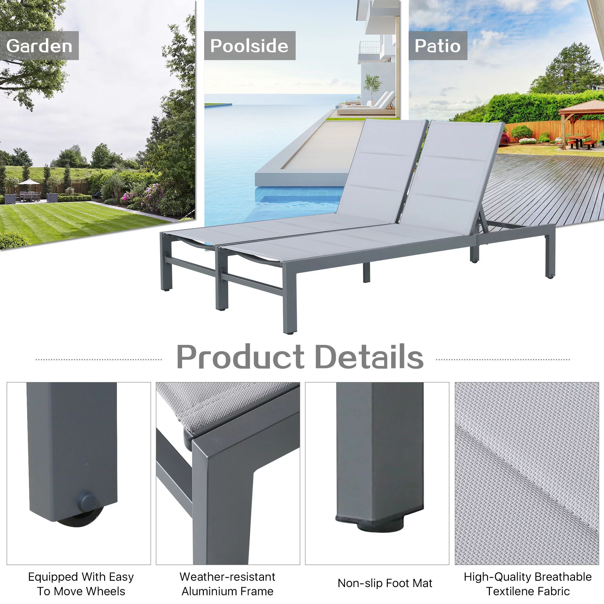 Ulax Furniture Patio Padded Aluminum Double Textilene Chaise Lounge Outdoor Adjustable Recliner Chairs with Wheels and Quick Dry Foam(Grey)