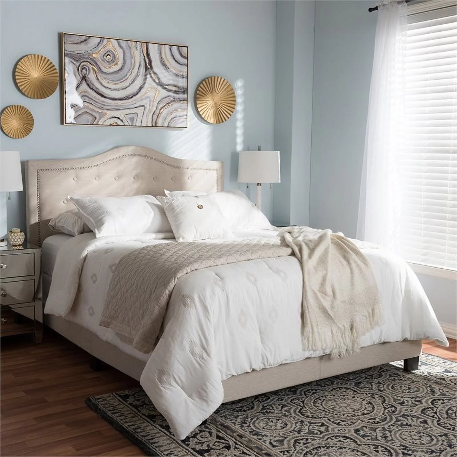 Bowery Hill Modern Fabric Tufted Full Low Profile Bed in Light Beige