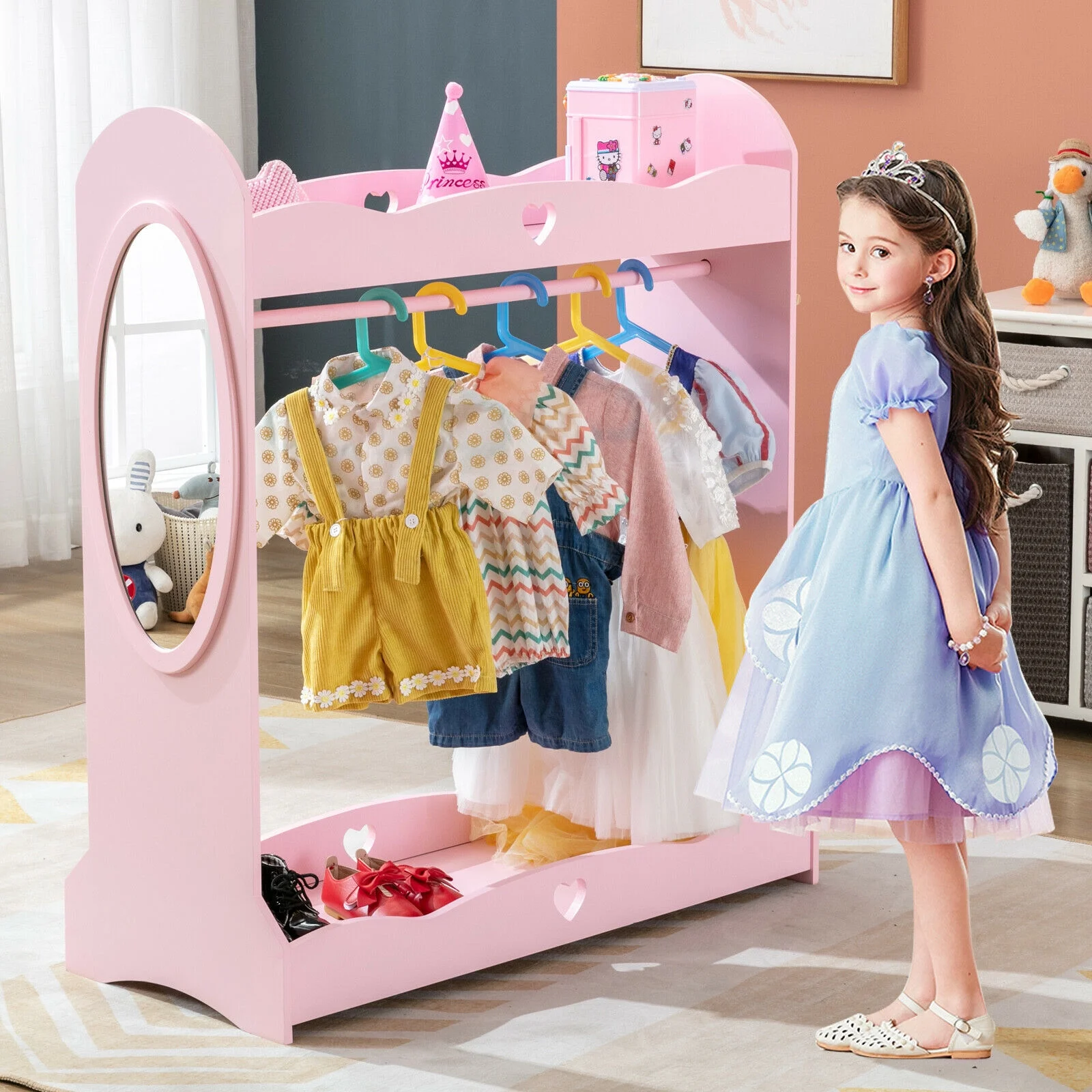 JOYLDIAS Kid Armoire Lovely Pink Dress Up Closet Girl Corner Bedroom Wardrobe with Mirror, Side Pocket Top Storage, Shoes Storage