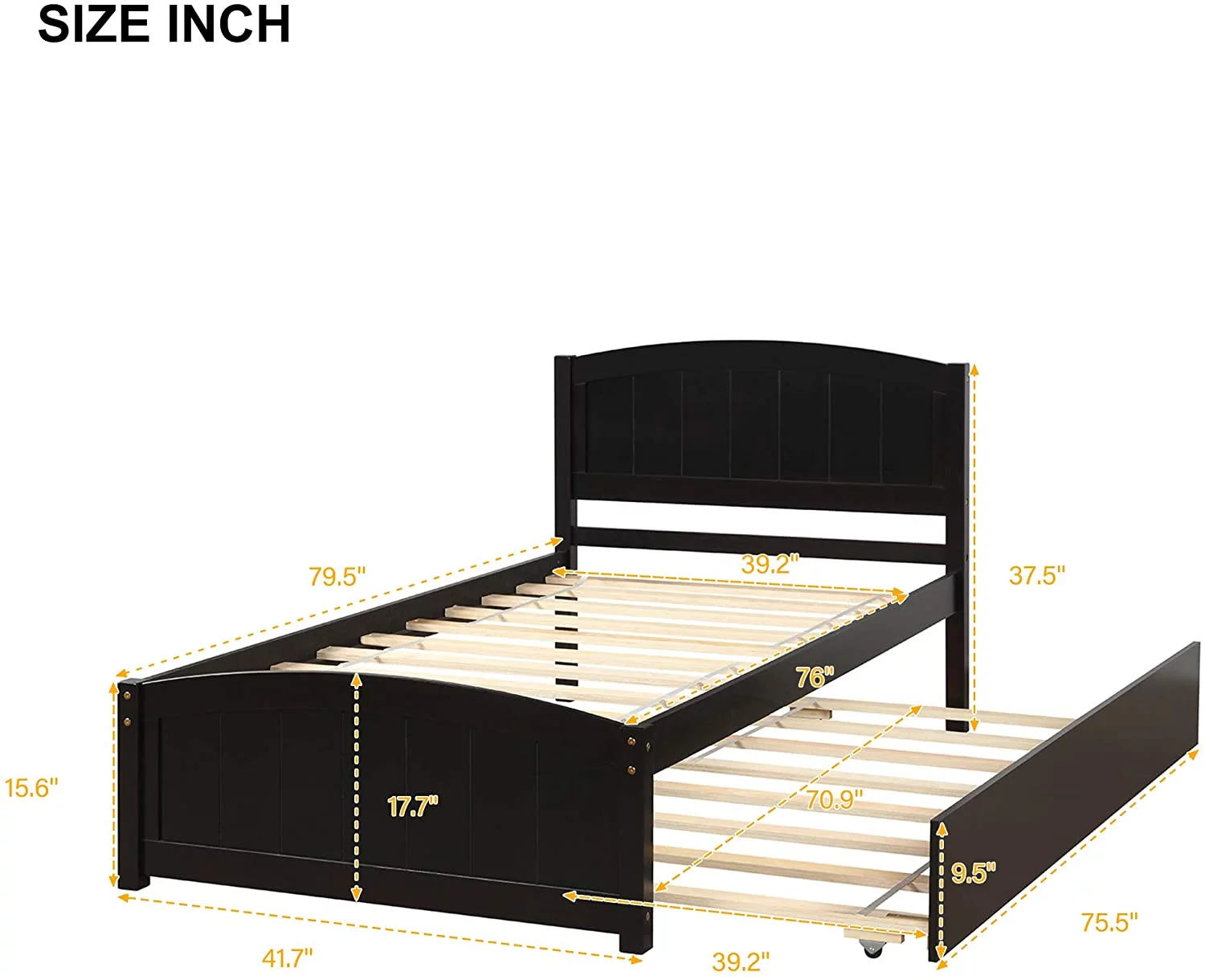 Bed Frame With Trundle, Wood Bed With Headboard, Size Platform Bed With Pull Out Trundle For Kids, Guest Room, Small Living Space, No Box Spring Needed, Espresso