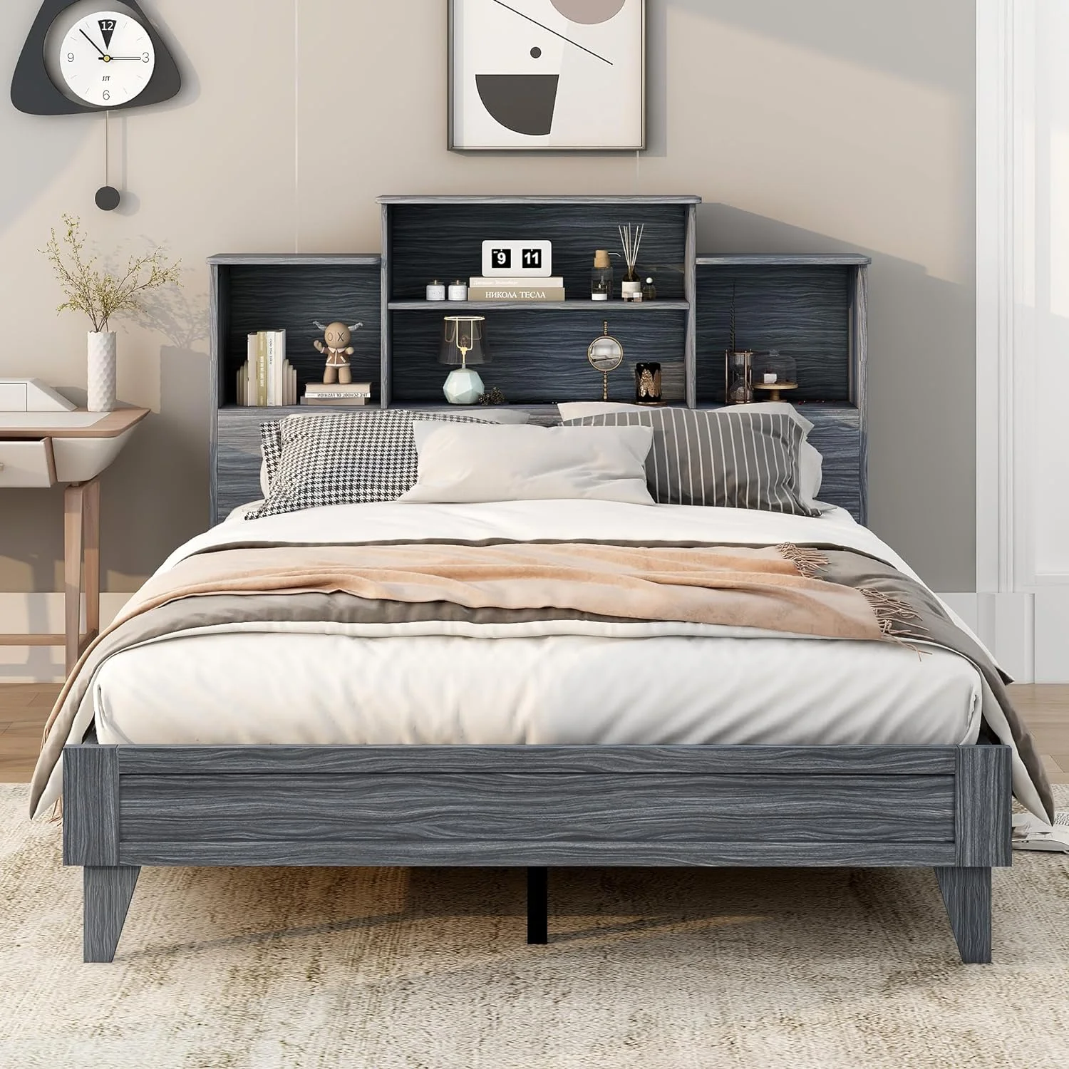Quee Storage Bed Frame With 4 Storage Shelves Ad USB Chargig Desig, Wood Quee Platform Bed With Storage Headboard, Quee Size Bed For Kids, Tees, Adults (Gray)