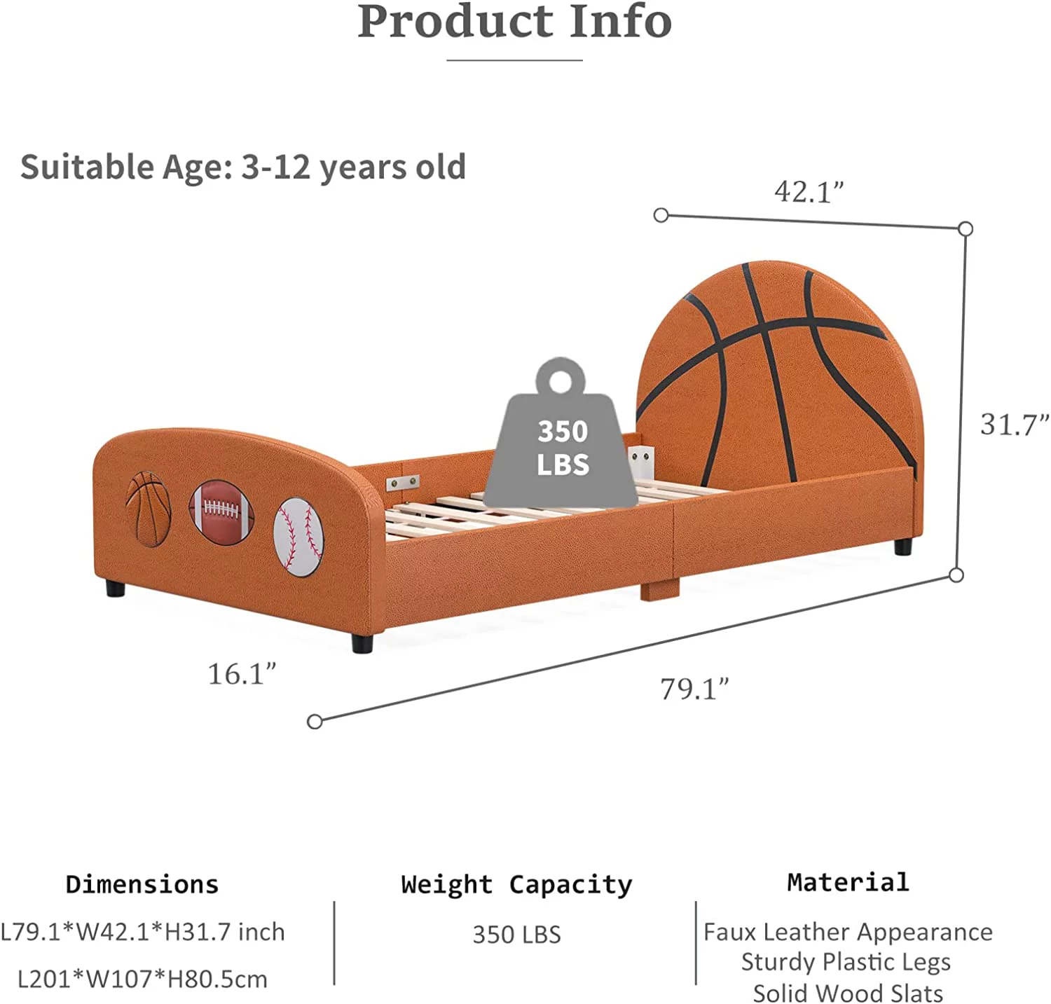 Children Upholstered Twin Bed, Kids Twin Platform Bed Frame with Curved Headboard Footboard, Strong Wood Slats Support, Sport Style Toddler Bed for Boys & Girls, Teens（Basketball Design）