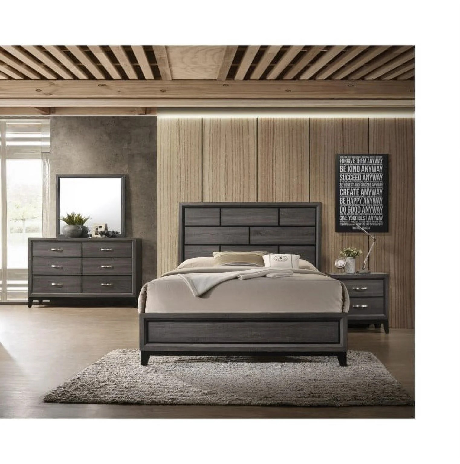 Contemporary 4pc Queen Size Bedroom Set Bed Dresser Mirror Nightstand Grey Finish Wooden Furniture Home