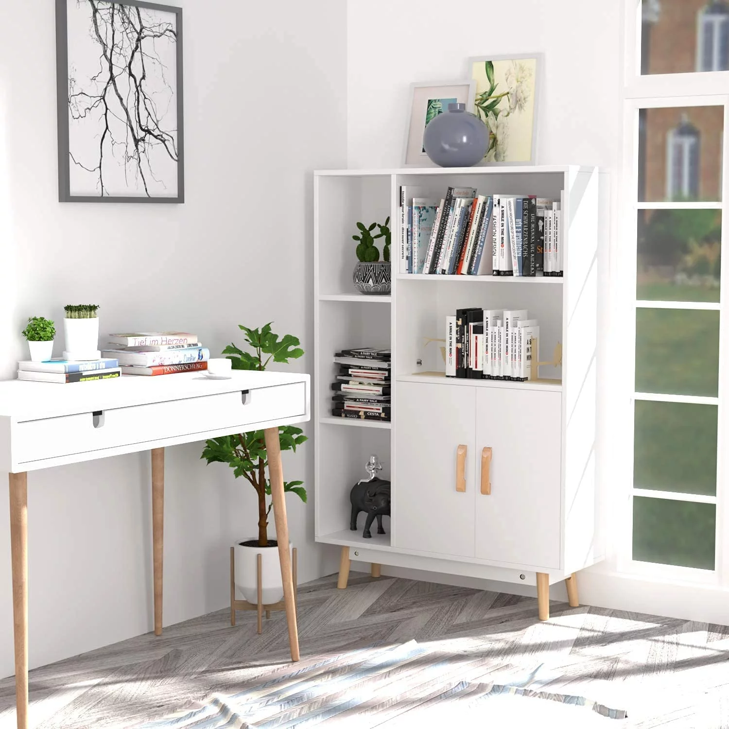 Homfa 5 Cube Bookcase with Door, Open Shelves Free Standing Storage Cabinet with Solid Legs, White Finish