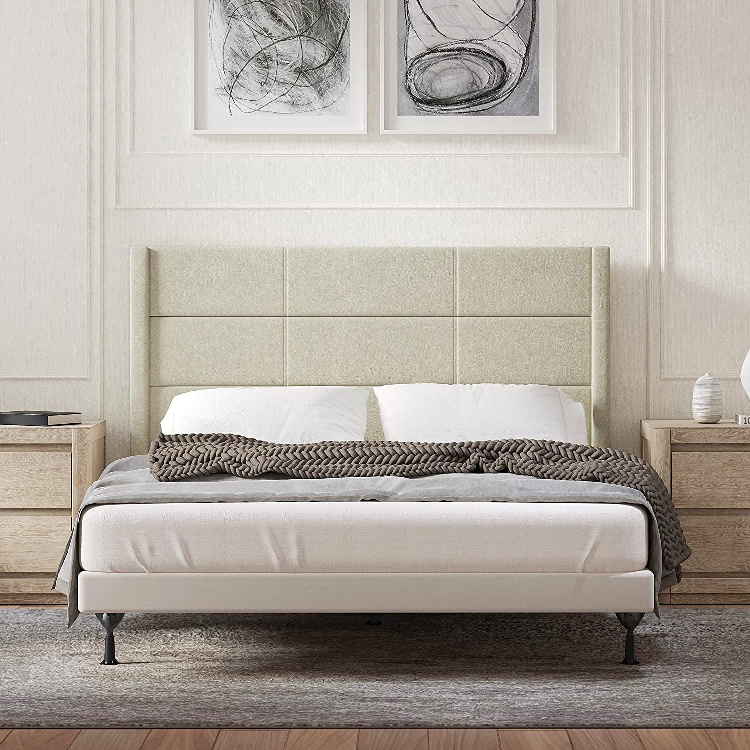 Pax Sleak Wingback Upholstered Headboard, Beige, King/California King