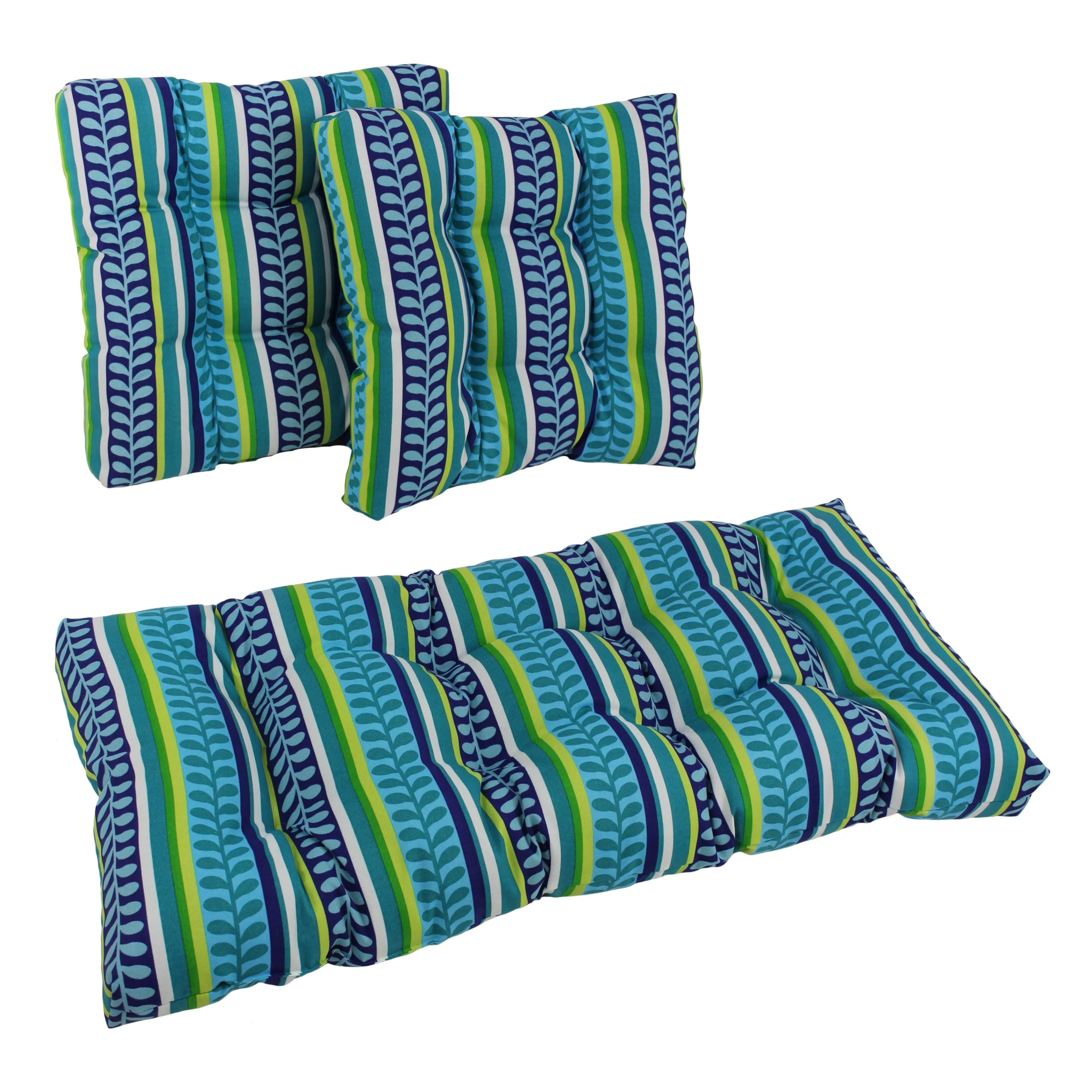 Blazing Needles  Squared Patterned Spun Polyester Tufted Settee Cushions, Pike Azure - Set of 3