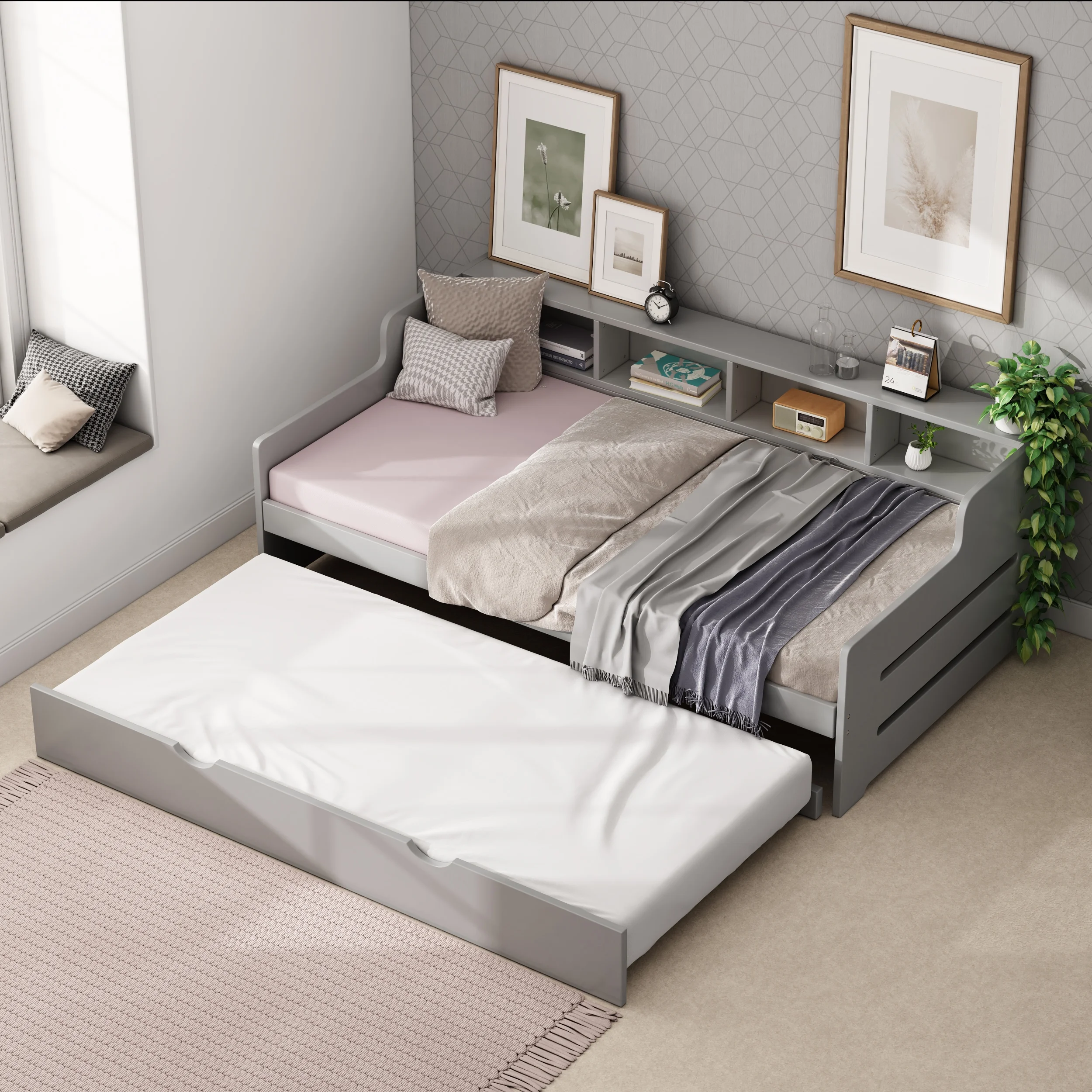 CoSoTower Twin Size Wooden Day Bed with Trundle for Guest Room, Small Bedroom, Study Room, Gray