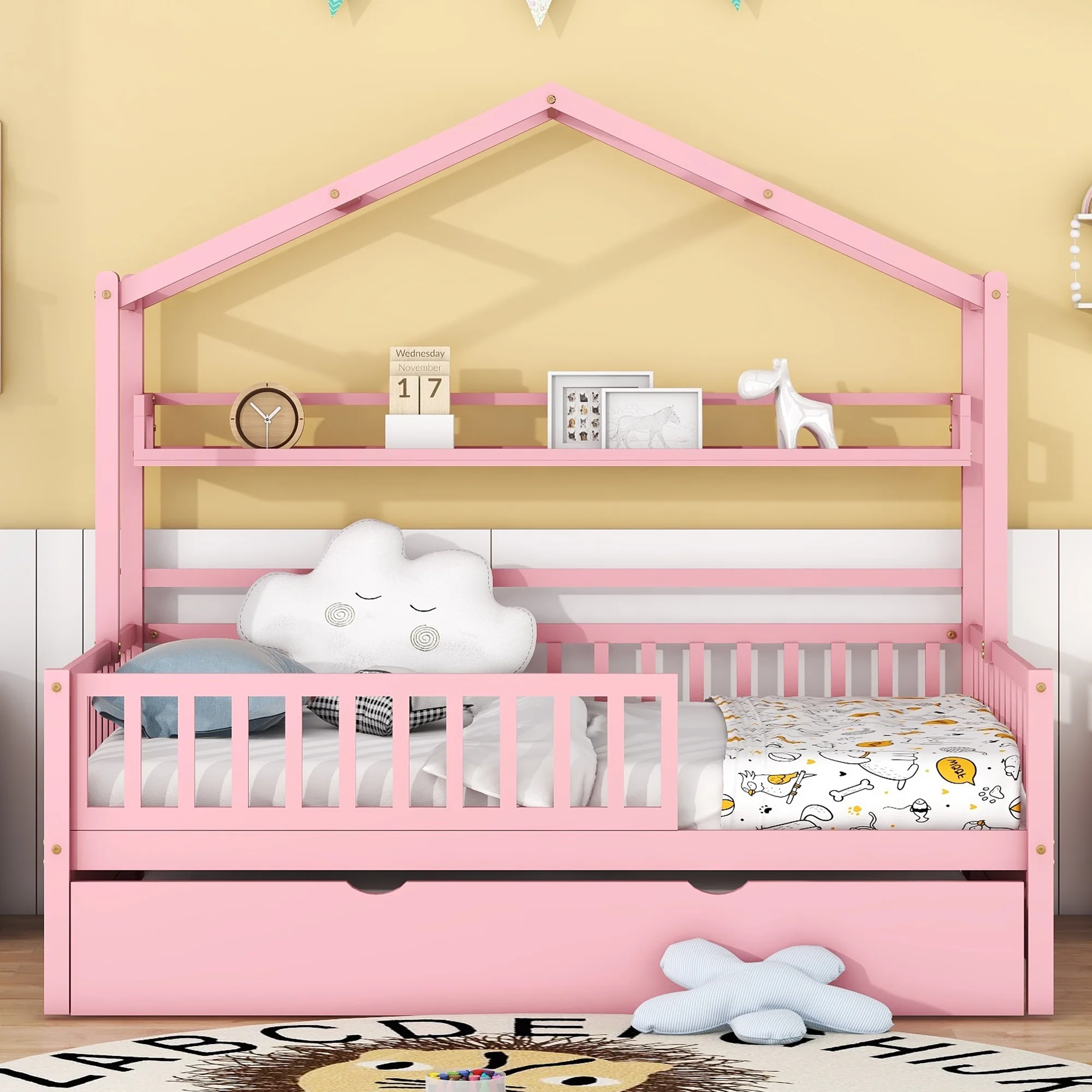 Full Size House Bed with Twin Size Trundle - Wooden Kids Bed with Shelf, Ideal for a Cozy and Imaginative Bedroom-Pink