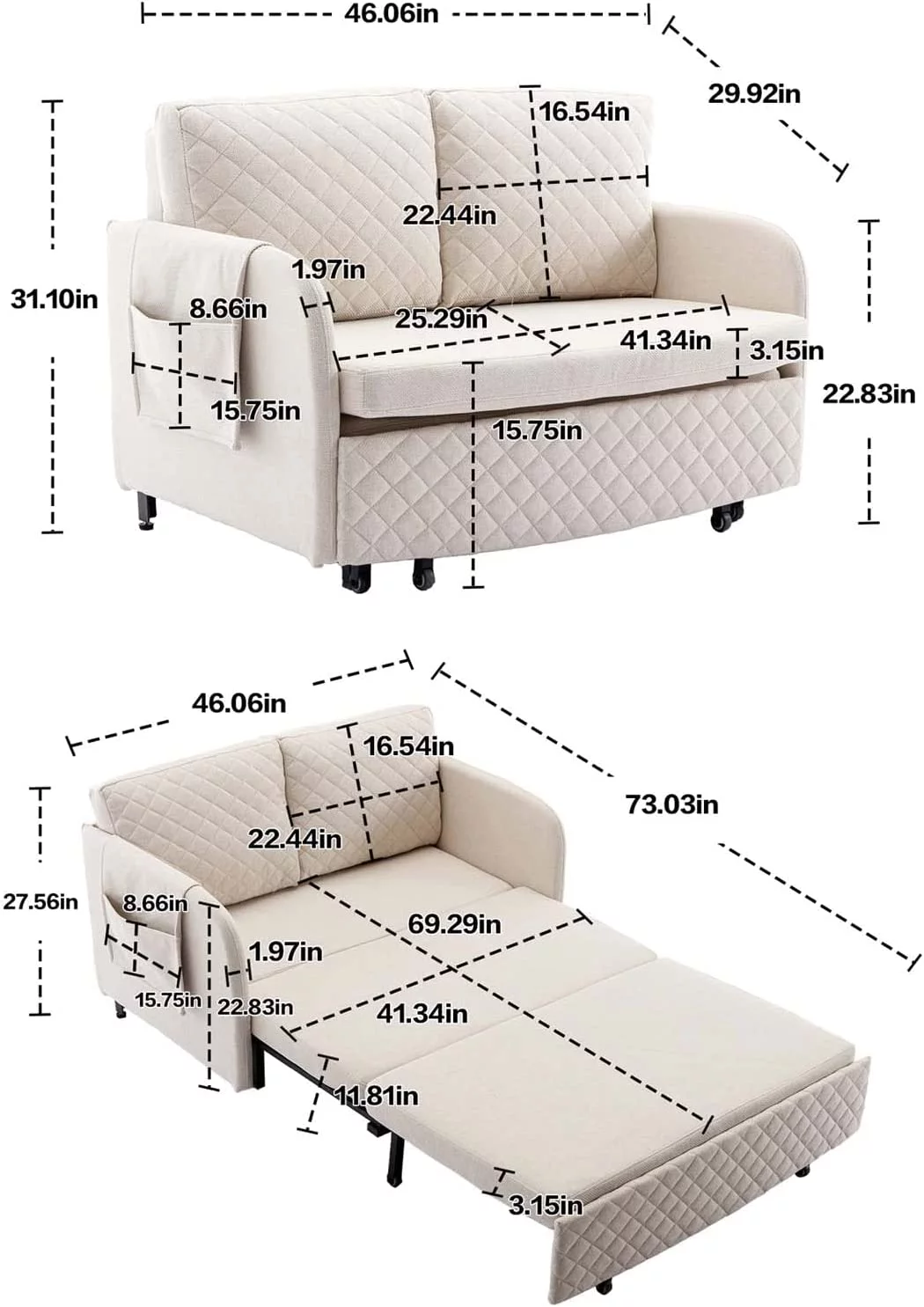 Tabaray Mini Pull Out Couch Bed,Twin Sleeper Sofa with Storage Barcket and Side Pocket,Love sSeats for Living Room,Bedroom,Office,Small Space (Beige Linen)