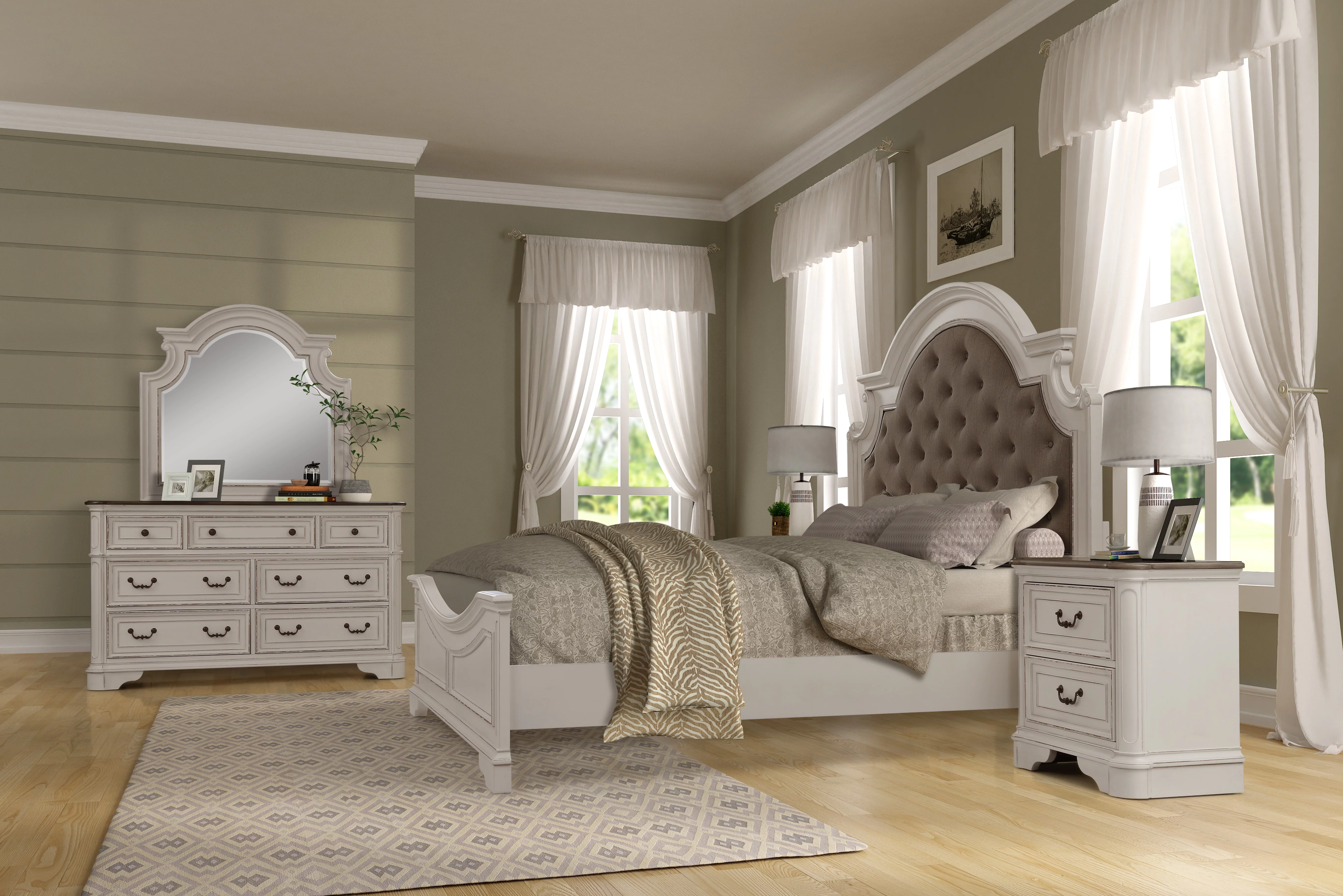 Laval Wood Bedroom Set, Upholstered King Bed, Dresser, Mirror, 2 Nightstands, Antique White and Oak