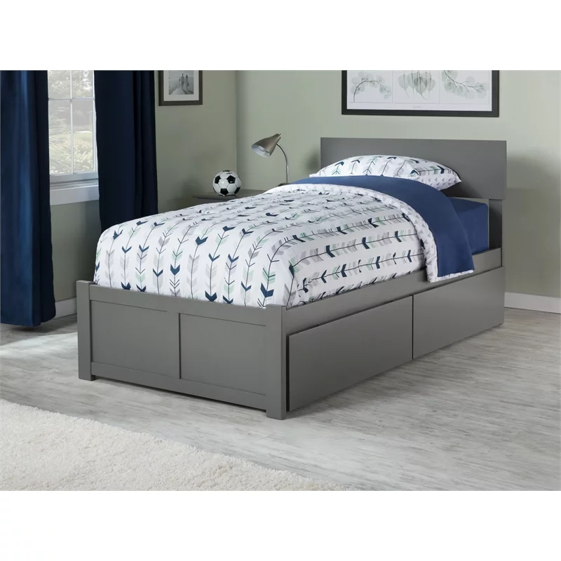 Leo & Lacey Twin XL Platform Bed with Footboard and 2 Urban Bed Drawers in Gray