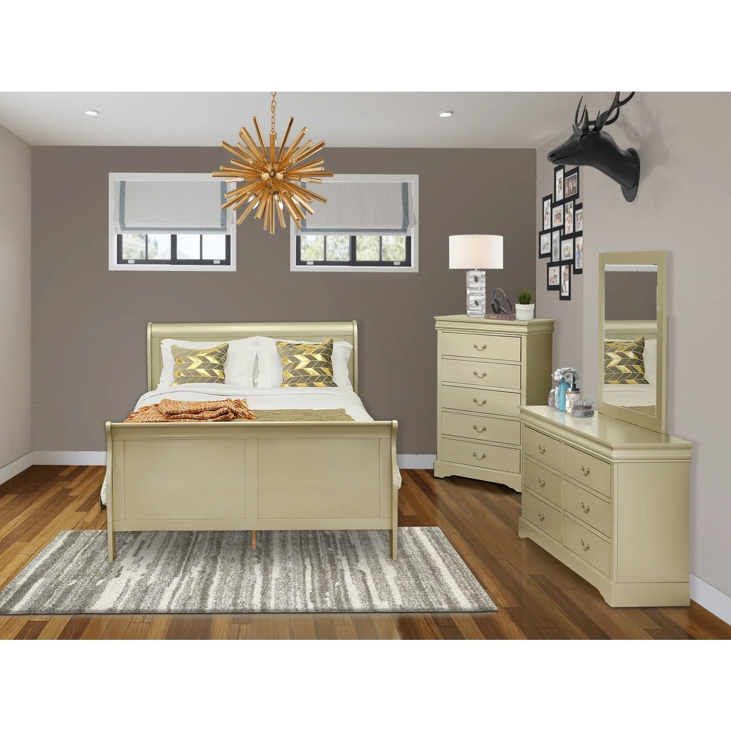 Maykoosh Tuscan Temptations 4 Piece Queen Size Bedroom Set In Metallic Gold Finish With Queen Bed, ,Dresser, Mirror,Chest