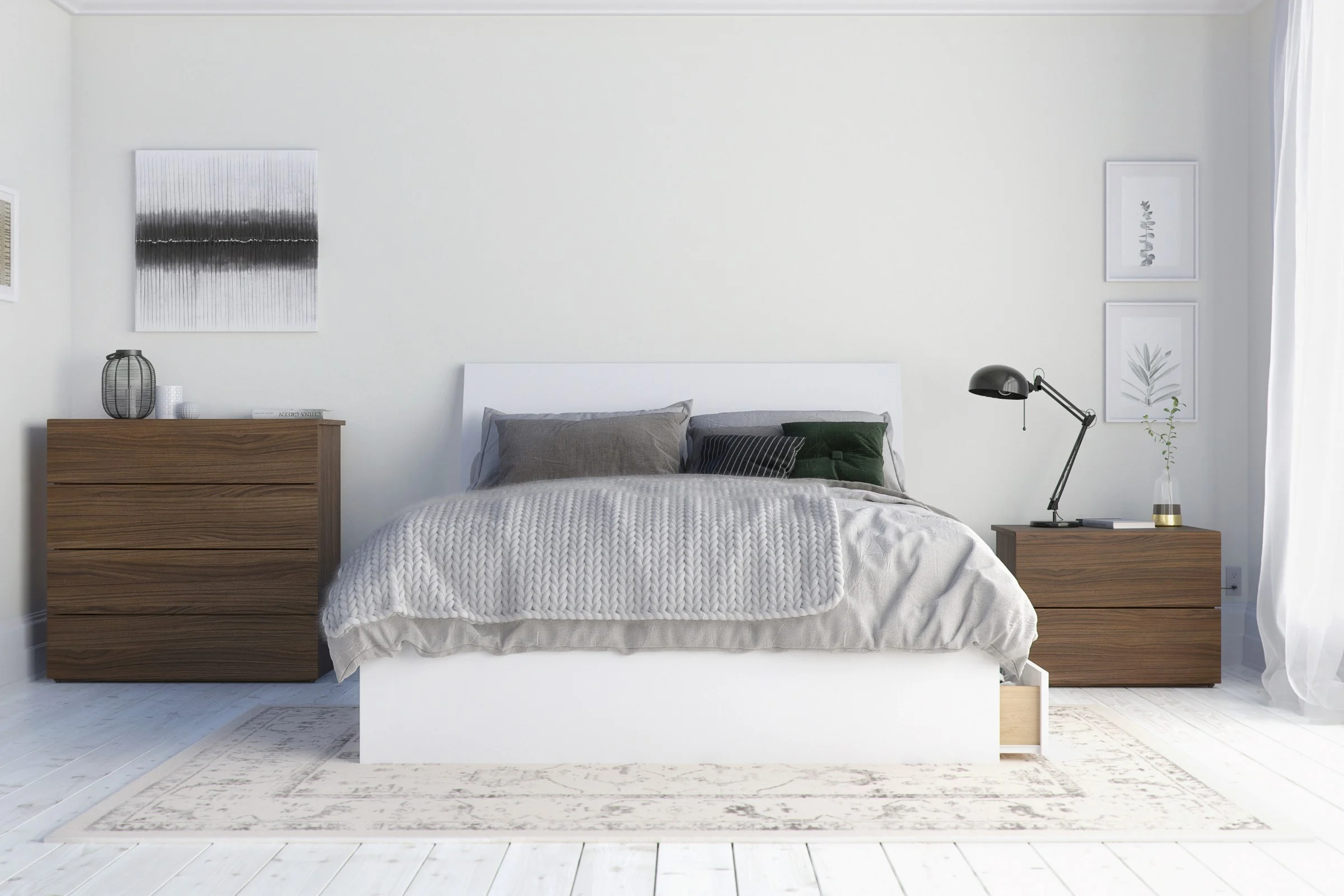 Nexera Shiraz 4 Piece Full Size Bedroom Set, Walnut and White