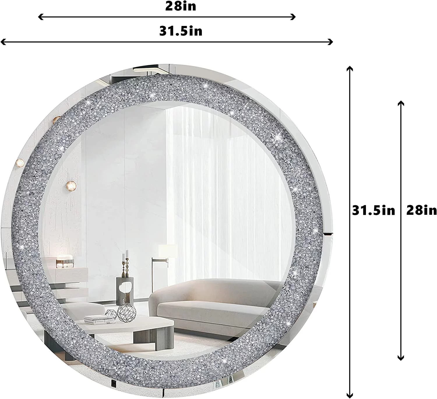 Decorative Round Mirrors Silver Wall Mirror Accent Wall Diamond Mirror for Living Room Home Decor - 32 inch