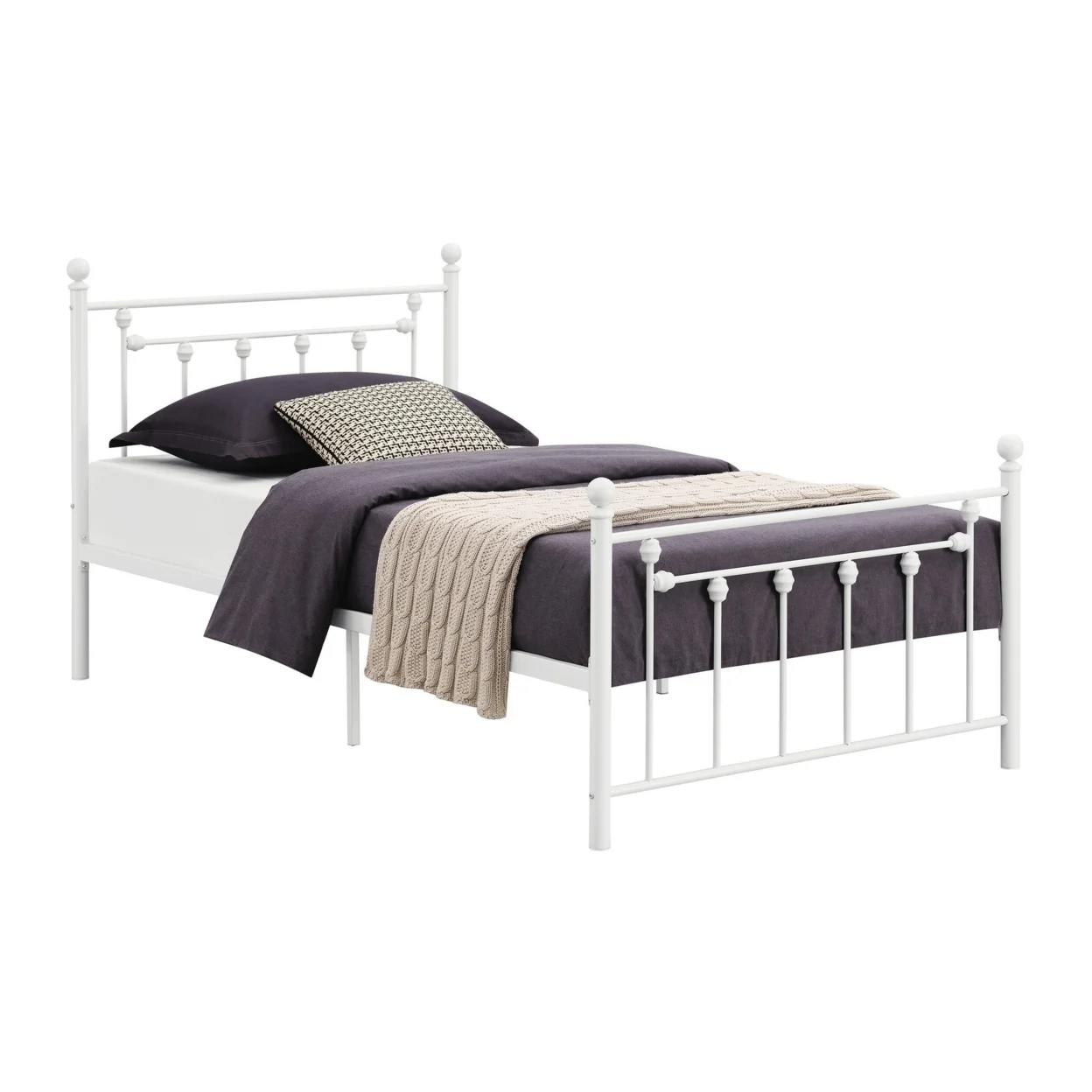 Dio 79 Inch Metal Twin Size Bed Frame Spindle Design Finial Posts White