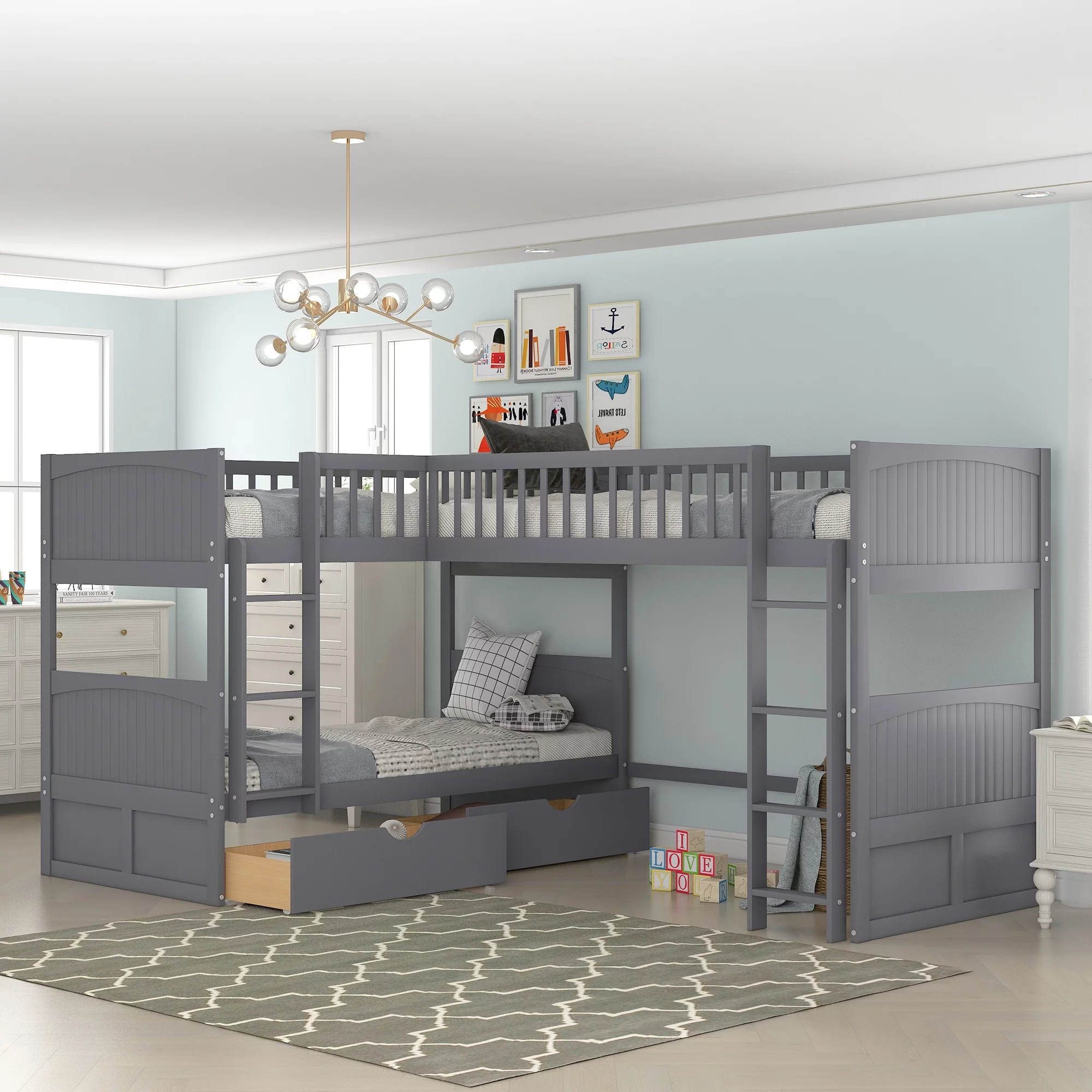 Euroco Twin Size L-Shaped Wood Triple Bunk Bed with Drawers for for Kids Bedroom, Gray