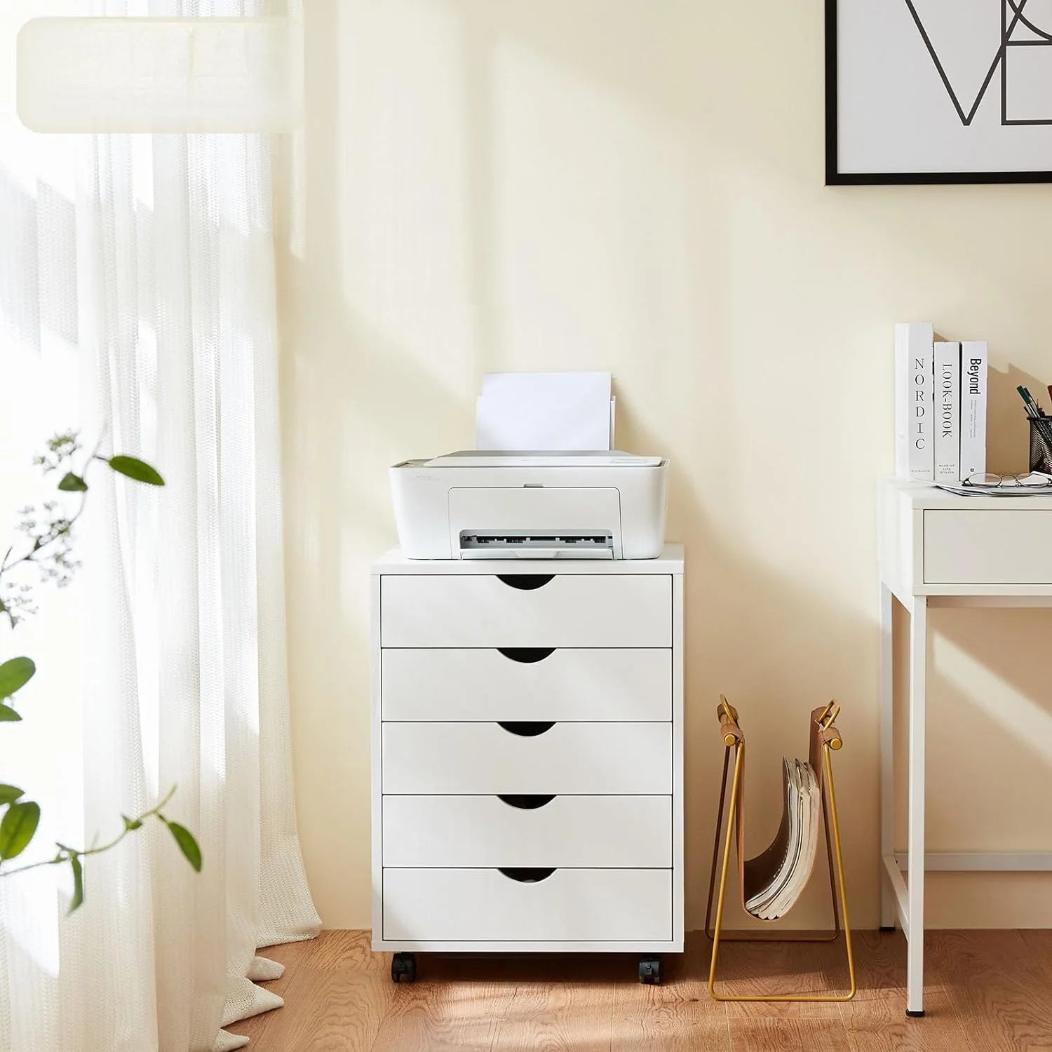 5 Drawer Chest Wood File Cabinet Rolling Storage Dresser with Wheels for Home Office, White