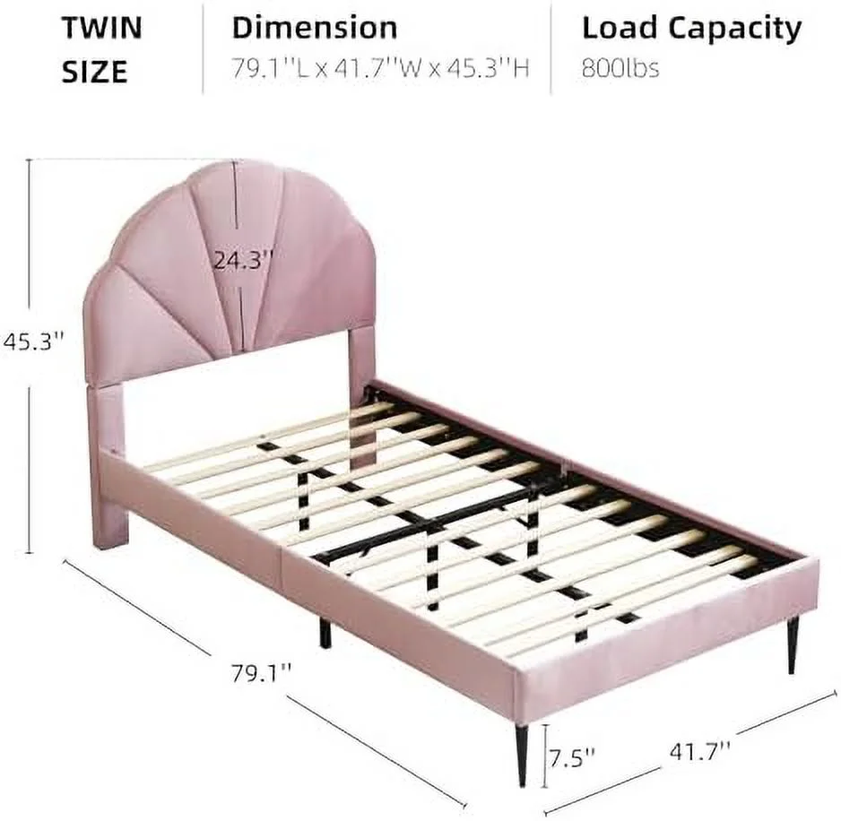 xrboomlife Pink Bed Frame Full Size  Aesthetic Upholstered Bed with Unique Seashell Headboard  Soft Velvet Platform Bed  Strong Wooden Slats Support  No Box Spring Needed  Heavy Duty  Eas