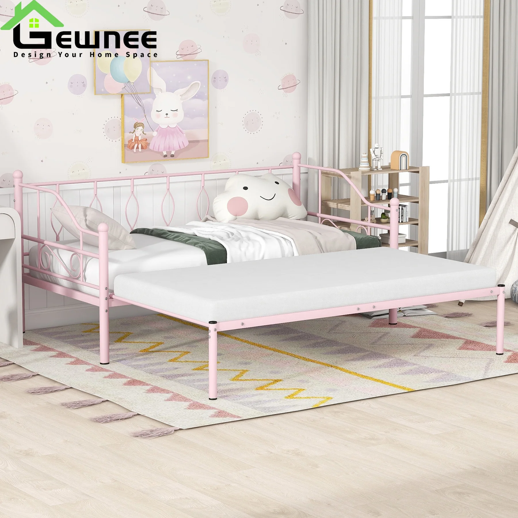 Gewnee Metal Daybed with Trundle,Kids Twin Size Bed Frame with Metal Slat Support,Pink