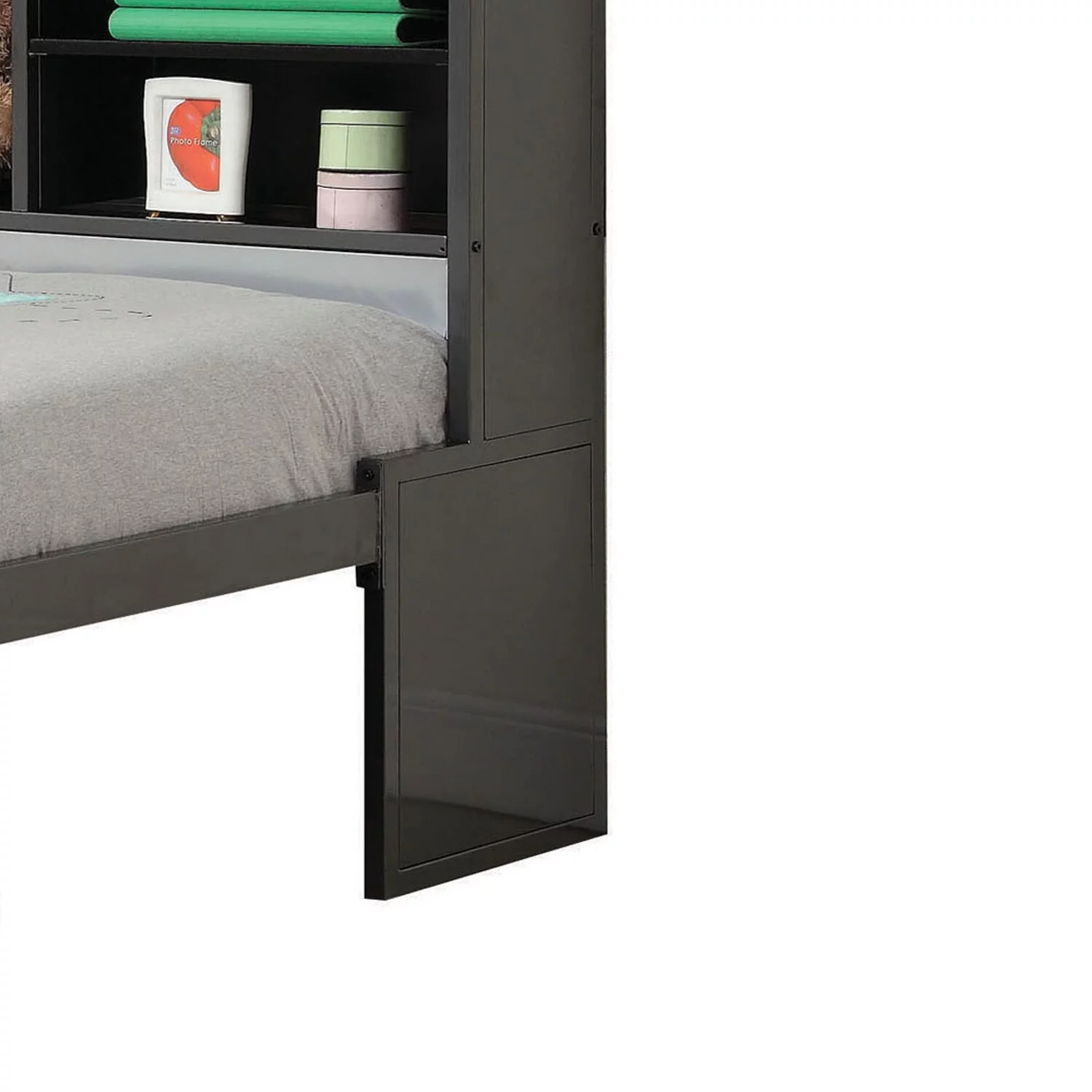 Benzara Metal Twin Bed with Bookcase and Rollout Trundle, Black and Silver