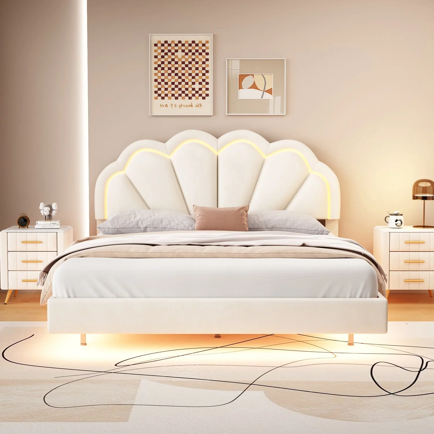 Queen Size Upholstered Smart LED Bed Frame with Flowers Headboard Beige
