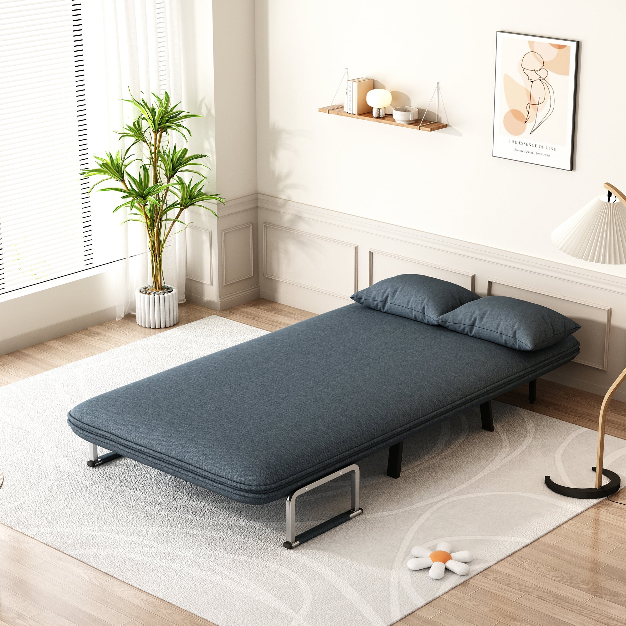 Contemporary Style Adjustable Convertible Chair Bed, Blue Grey Velvet, 39