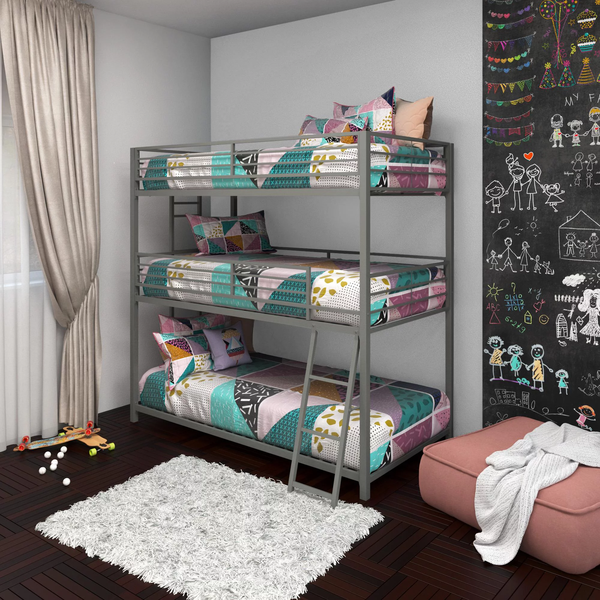 Your Zone June Triple Twin Metal Bunk Bed, Silver