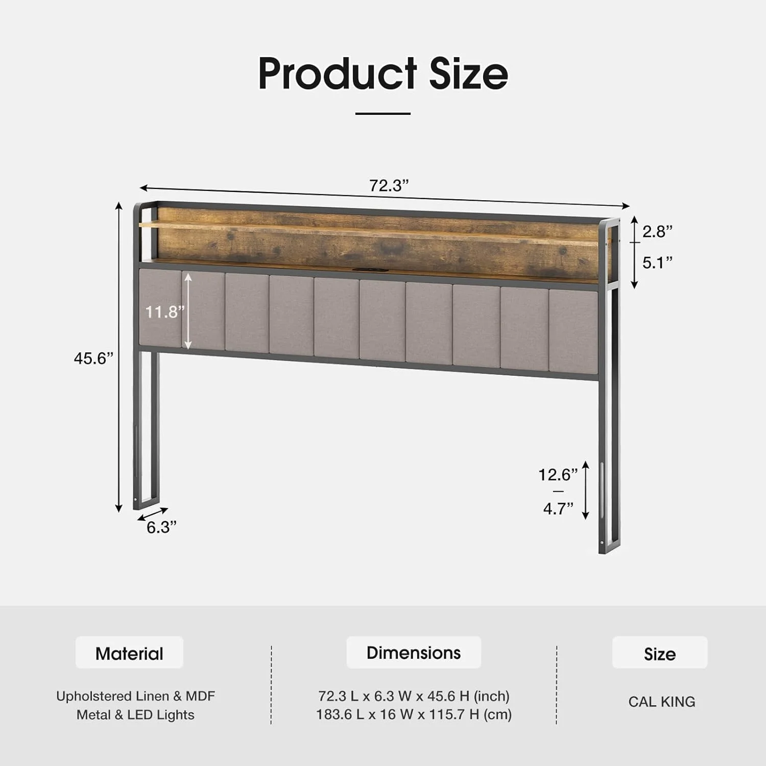 IKIFLY Upholstered California King Size Storage Headboard with LED Lights and Charging Station, USB & Type C Port, Height Adjustable, Cal King Headboard Only, Easy Assembly - Light Brown
