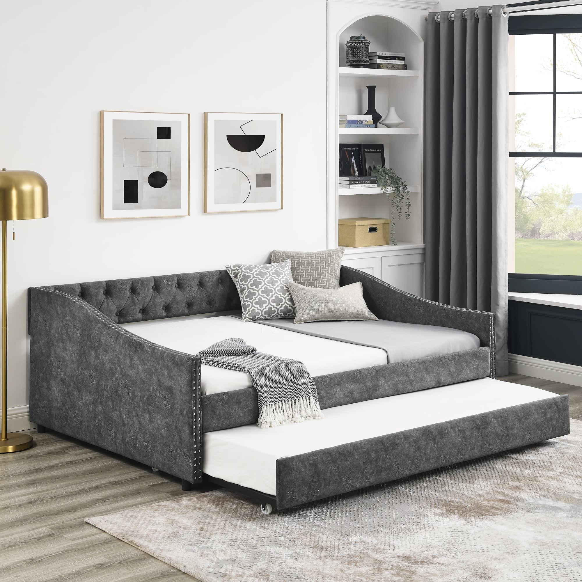 CoSoTower Full Size Daybed with Twin Size Trundle Upholstered Tufted Sofa Bed, with Button on Back and Copper Nail on Waved Shape Arms, Grey, 80.5