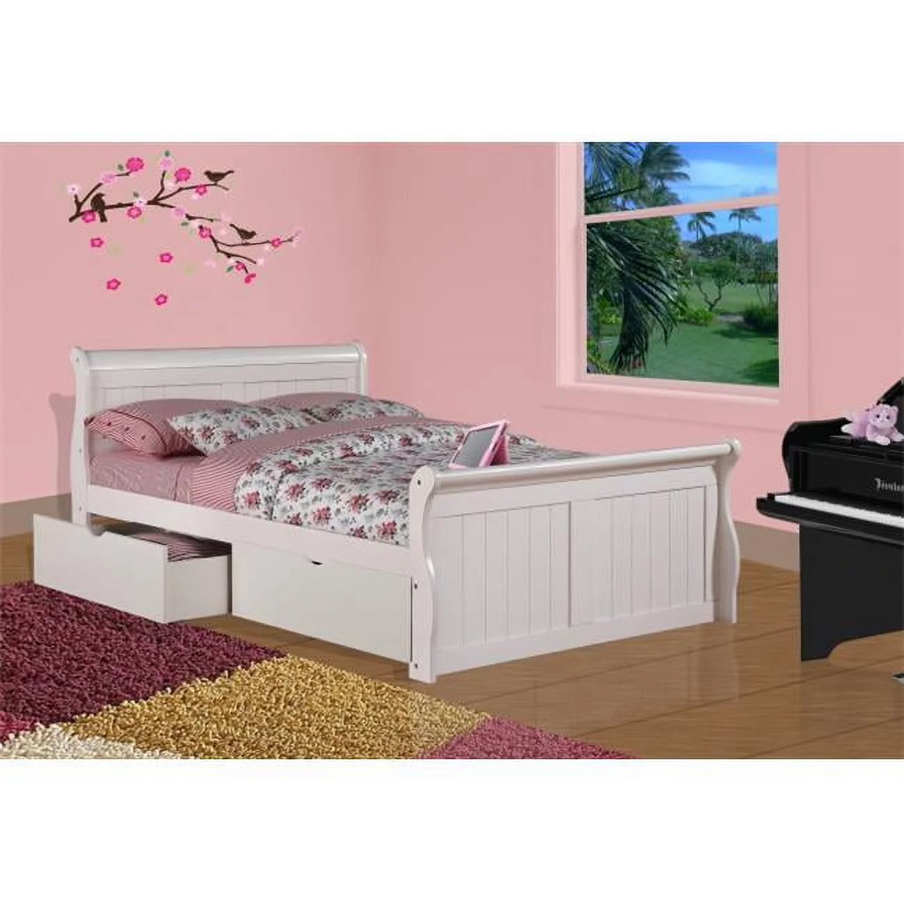 Full Sleigh Bed with Dual Underbed Drawers - White