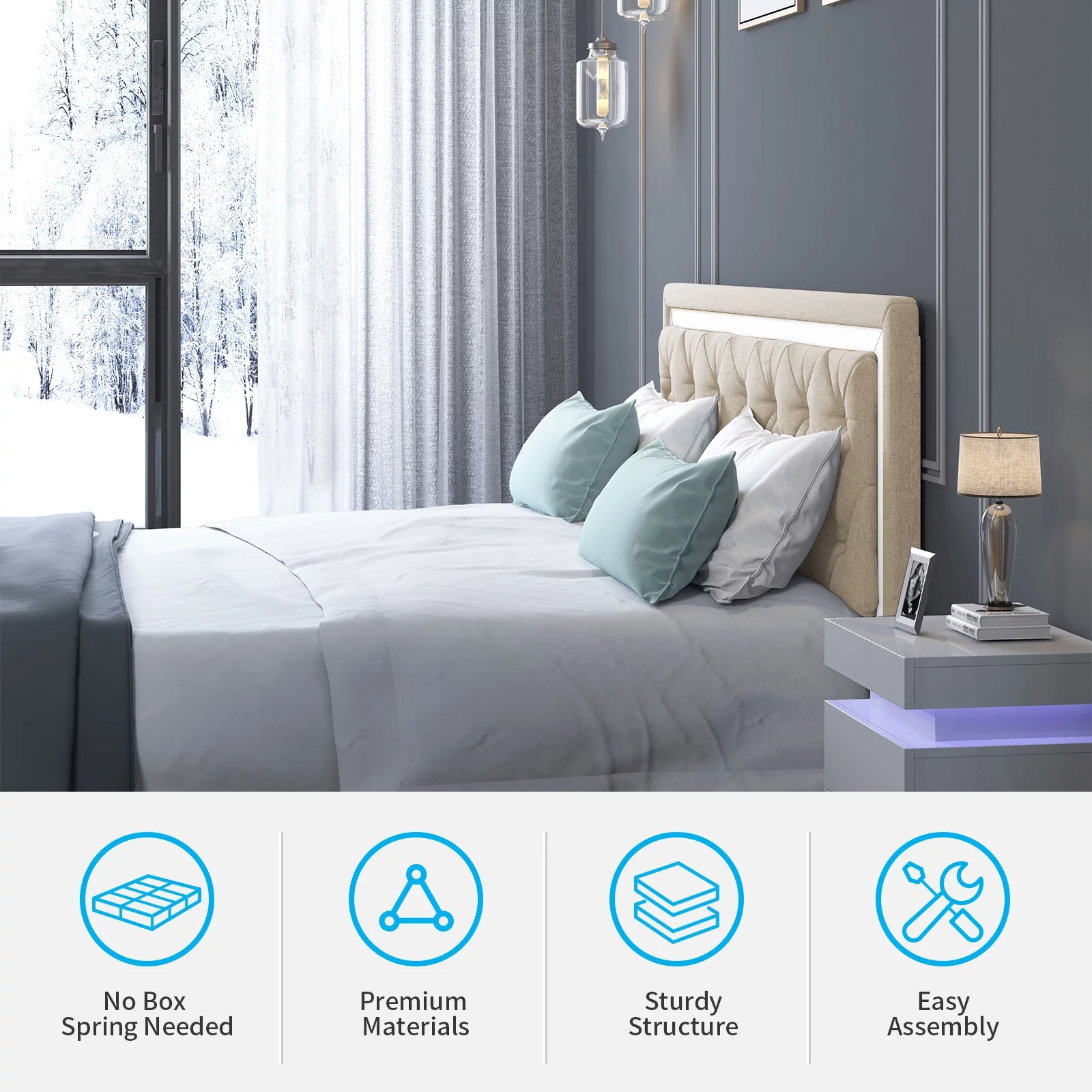 MUZZ King Size Bed Frames with Gold Edge Headboard Design, Upholstered Bed Frame with Wooden Slat Support, Platform Bed Frame, No Box Spring Needed/Easy Assembly/No Mattress (Beige)