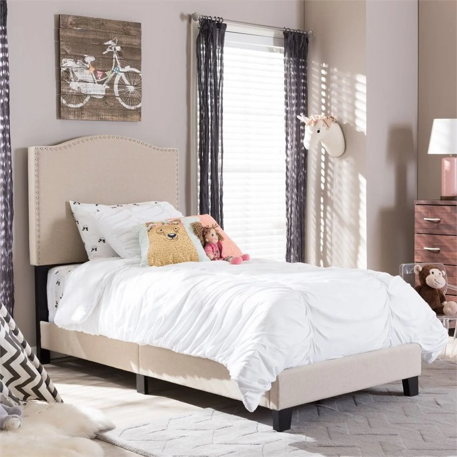 Bowery Hill Contemporary Twin Bed in Beige in Linen Fabric