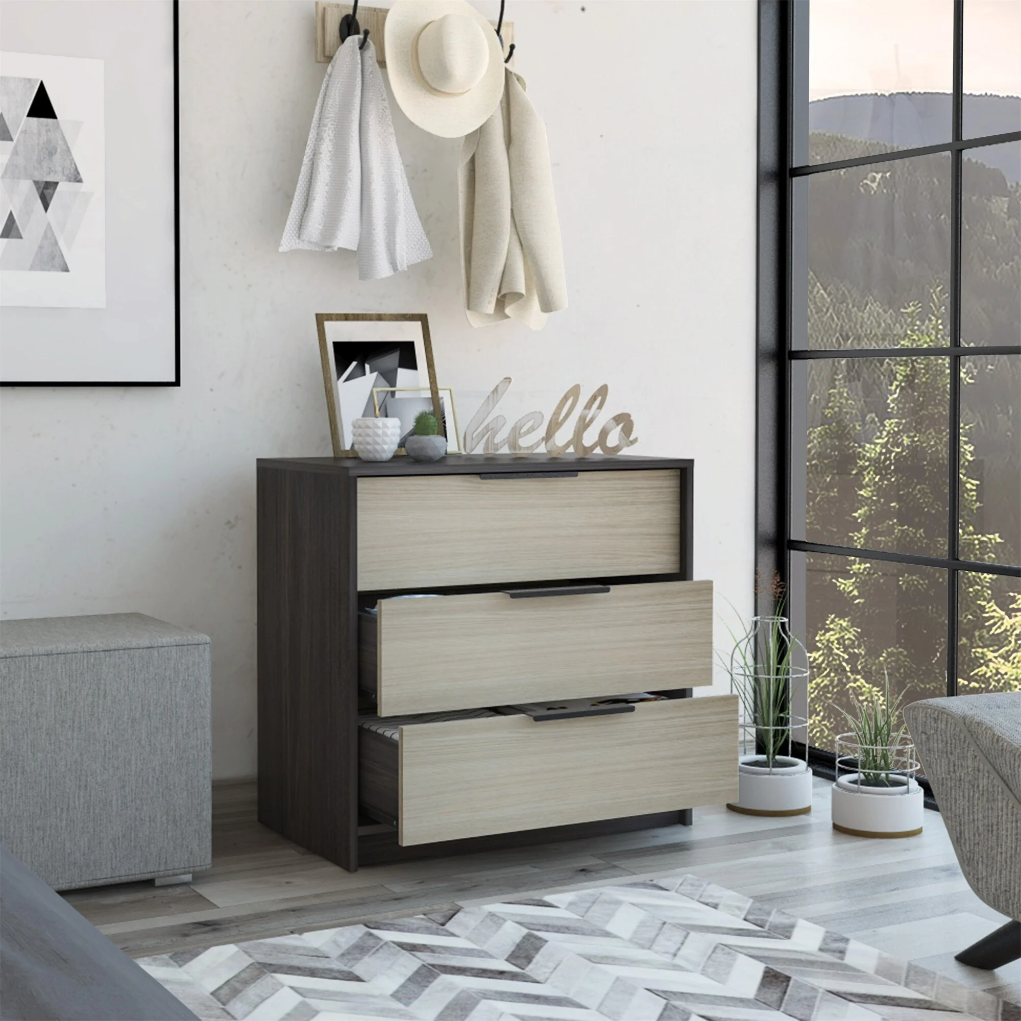 BESTCOSTY 3-Drawer Rectangle Dresser Black Wengue and Light Oak