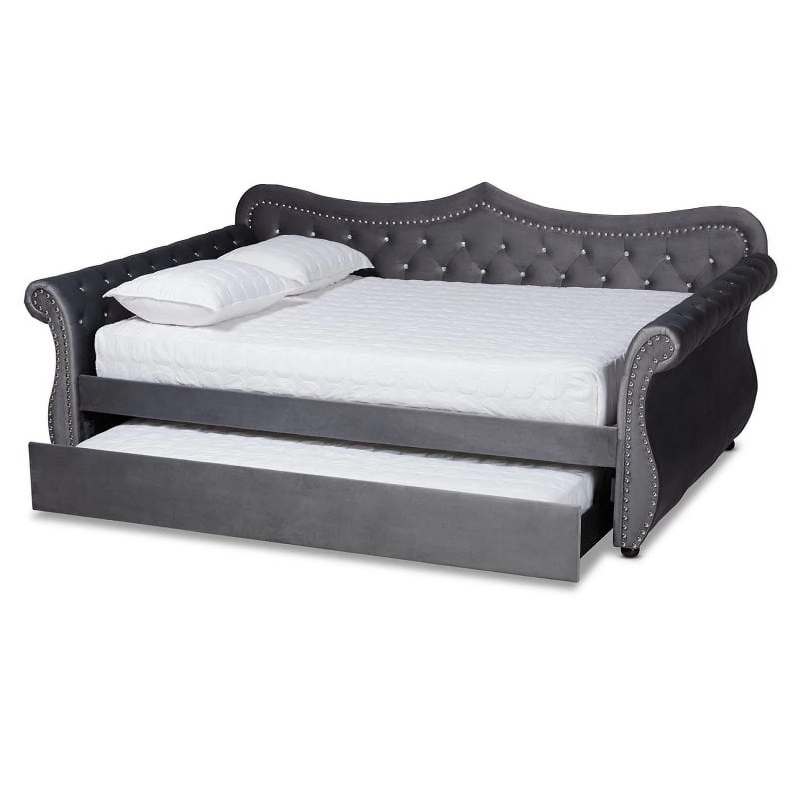 Bowery Hill Traditional Velvet Crystal Tufted Queen Daybed with Trundle in Gray