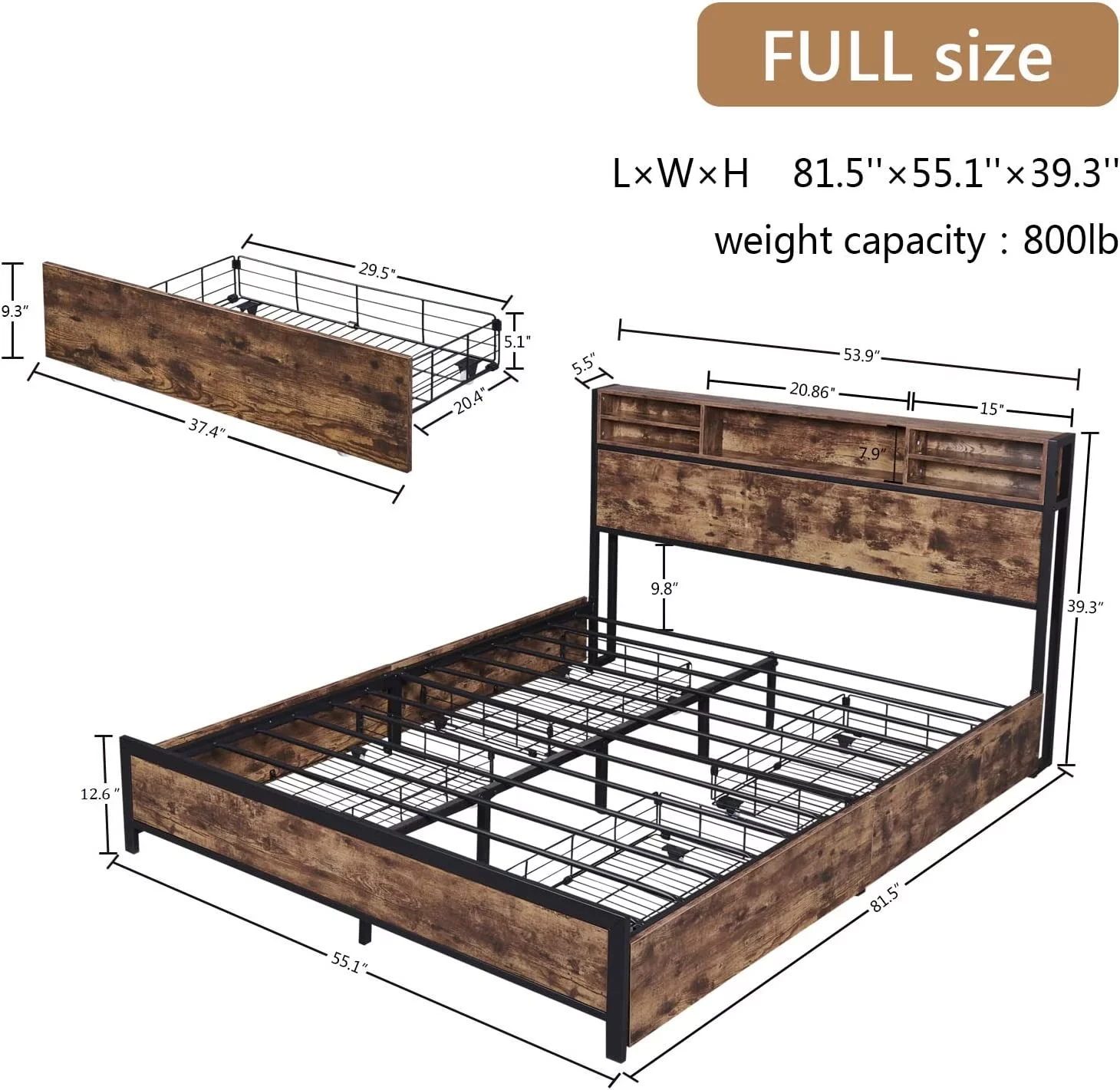 Alohappy Full Size Bed Frame with Bookcase Headboard and 4 Storage Drawers, Metal Platform Bed Frame Full, Heavy Duty Steel Slats,No Box Spring Needed,Mattress Foundation (Vintage Brown)