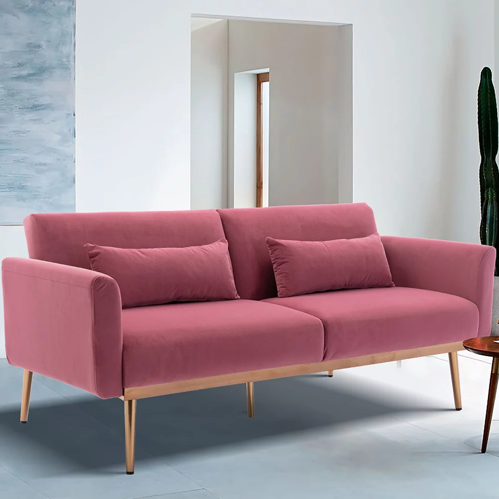 Pink Futon Couch, KAMIDA Convertible Sofa Bed with 2 Pillows, Velvet Sofa Bed Sleeper, Modern Futon Sofa Bed with Rose Golden Metal Legs, Heavy Duty Couch Furniture for Home Living Room Bedroom