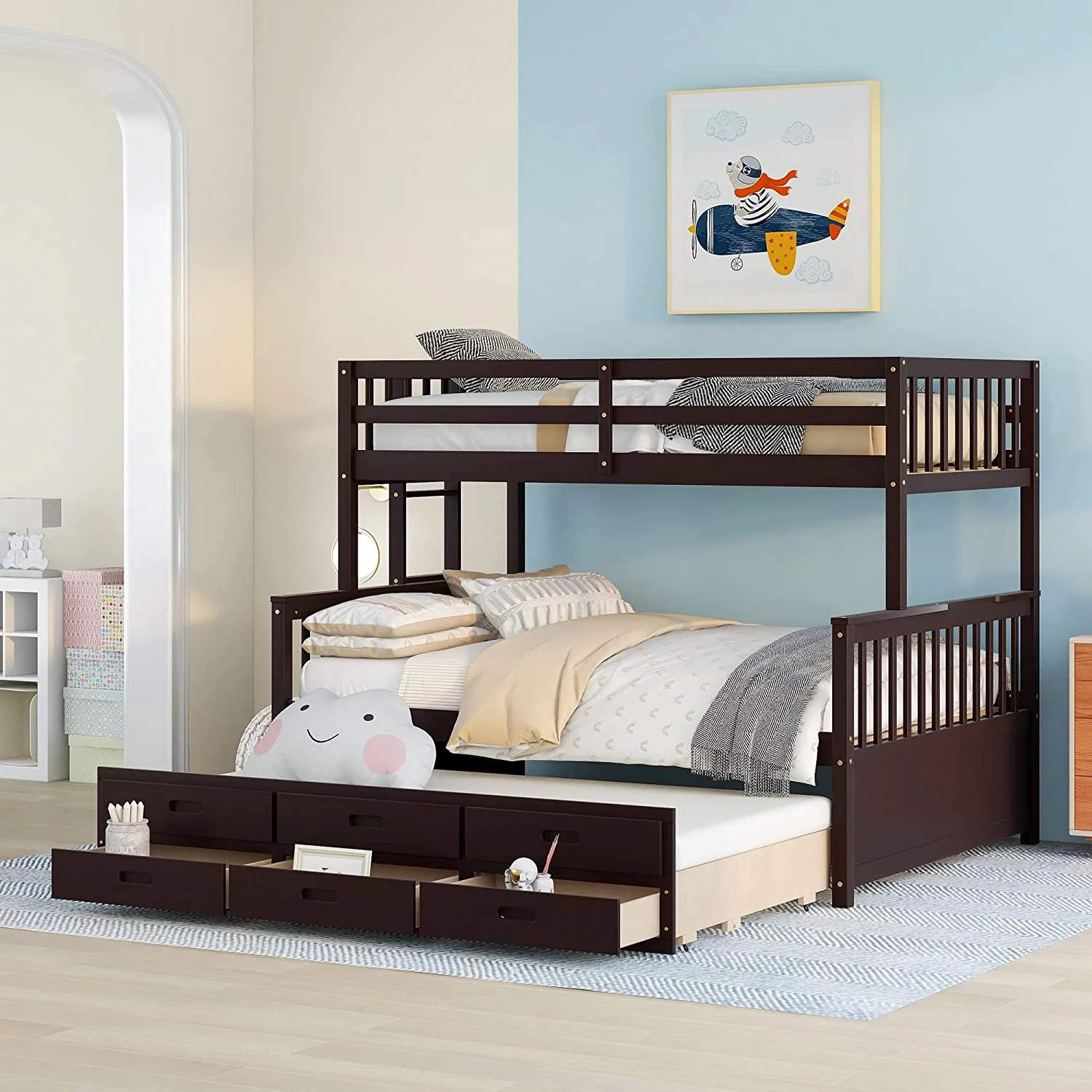 Twin-Over-Full Bunk Bed with Twin Size Trundle, Separable Bunk Bed with Drawers for Bedroom, MDF & Pinewood, Durable Build - Espresso