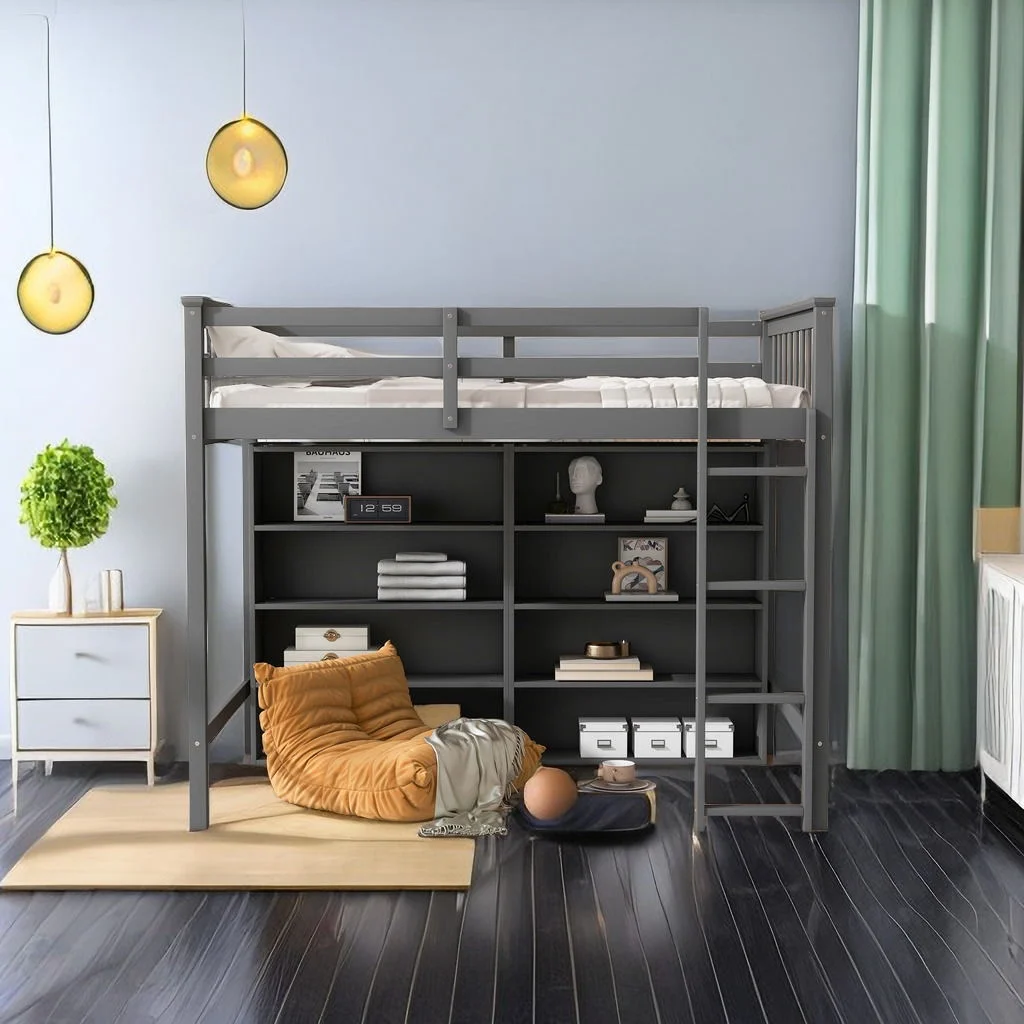 Multifunctional Design Twin Size Loft Bed with Open Storage Shelves,Solid Pinewood Bedframe with Built-in Ladder and Guardrail,for Kids Teens Bedroom Dorm (Gary)
