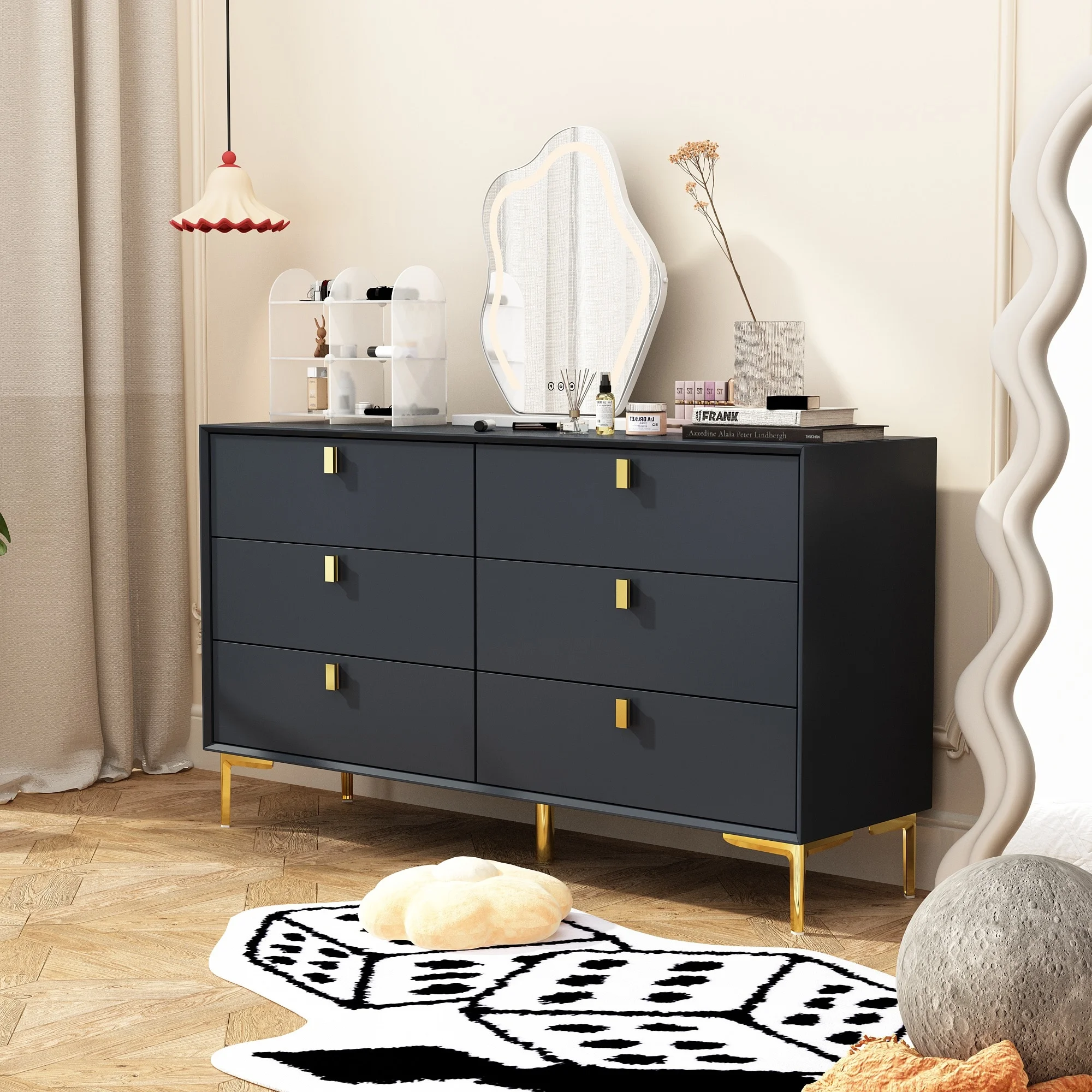 Dresser 6 Drawer Wood Dresser for Bedroom with Storage Modern Gold Navy Blue